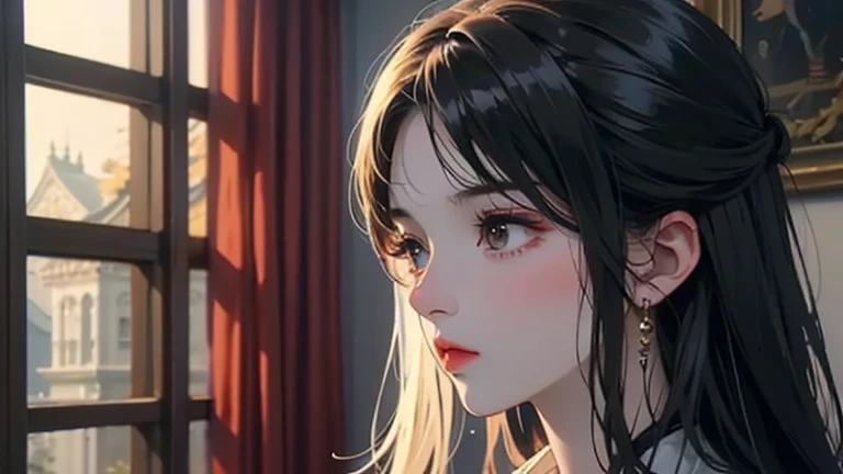 16 year old boy. neat, thick, short, black hair. Almond brown eyes. good jawline. diamond face. straight cut eyebrows. reading a book and sitting. sitting by the window and it's raining outside. anime demon slayer style.