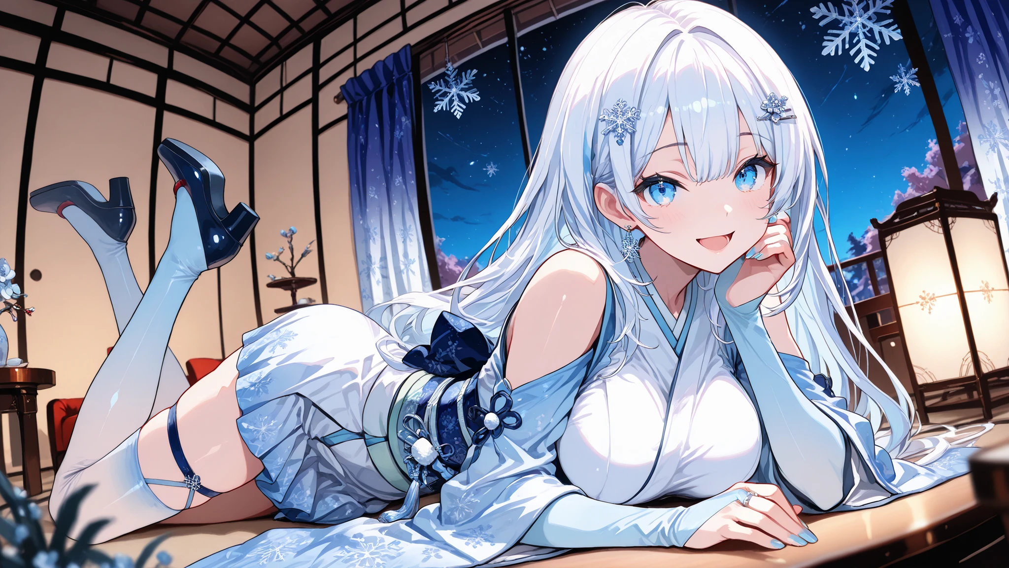 masterpiece, best quality, high resolution, 32k,(1girl)(whiteCULvvmiky, white hair, very long hair, flower hairclip, snowflake earrings, white short kimono, shoulder cutout, bridal gauntlets, kimono skirt, obi, obijime, snowflake hair ornament, blue nail polish, asymmetrical thigh strap, gradient thighhighs, high heels, ),(cute anime-style illustration,(small face:1.2), slim,open mouth, .large breasts (fisheye distorted lens:1.2),pure smile, on stomach on luxury long sofa, velvet curtain, table blurry foreground, indoors, night,