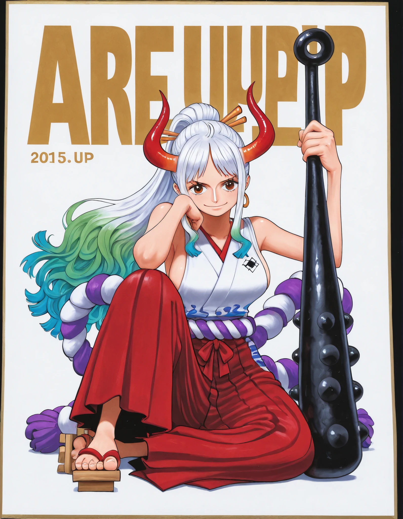 1girl,solo,yamato (one piece),(ared up:1.5), weapon,japanese clothes,club (weapon),horns,kanabou,holding,multicolored horns,hakama,multicolored hair,long hair,curled horns,holding weapon,sleeveless kimono,oni,breasts,sleeveless,looking at viewer,cover,green hair,smile,spiked club,sideboob,bare arms,red horns,shimenawa,kimono,rope,full body,bare shoulders,hair ornament,hair stick,hakama pants,white hair,geta,pants,jewelry,floating hair,earrings,closed mouth,hakama skirt,high ponytail,two-tone hair,sitting,very long hair,red hakama,(white background ,simple background, traditional media), slim long arms, light skin,
<lora:One Piece_illustrious XL:1.2>,