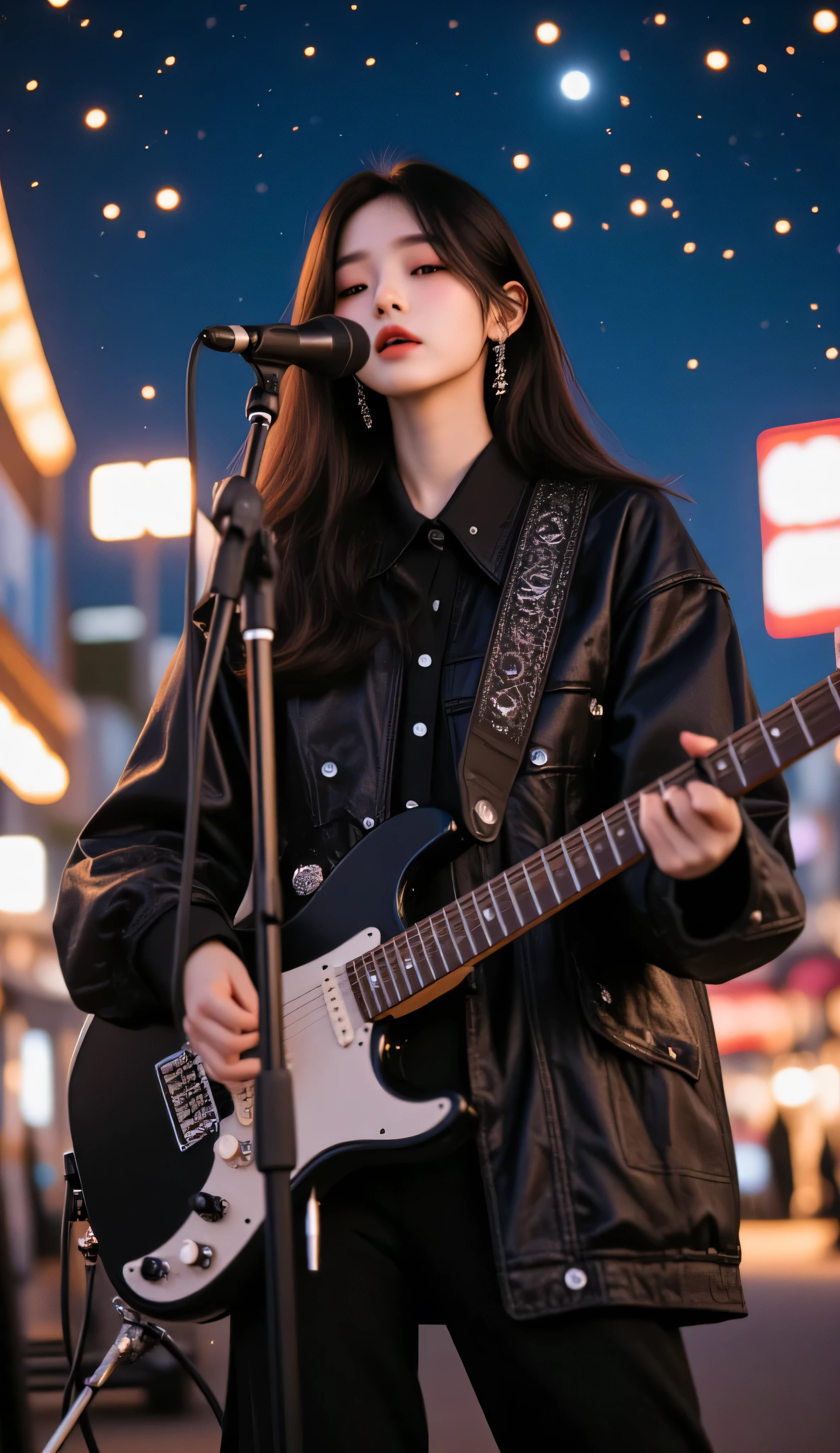 (masterpiece, best quality:1.2), jiyeon_oc:1.2, cowboy shot, solo, Korea's best rock band female vocalist 가수, black hair, long hair, wearing a black rock music performance suit, busking scene, standing with a stand microphone in front of, singing in a proud pose while playing an electronic electric guitar. charisma that reigns supreme, Chic, Haughtiness, Refined , light and simple, minimalism , Girl Crush , stylish, Trendy. powerful vocals, scratching singing method, beautiful, black color, metal accessory, Fingerless gloves, street busking. metal accessory, Simple silver decoration , Fingerless gloves, Korea's best rock band female vocalist , 여성 charisma that reigns supreme, singing a song with a natural expression and gaze processing. She is singing rock music while playing the guitar fiercely . Hair fluttering , professional, 파워풀한 멋지고 beautiful charisma that reigns supreme, dynamic screen layout, shiny luxury figure, dramatic scene, beautiful 밤하늘에는 유성이 떨어지고, stars shine, her busking rock music performance, A fantastic scene with a huge number of fireflies shining and fluttering ,