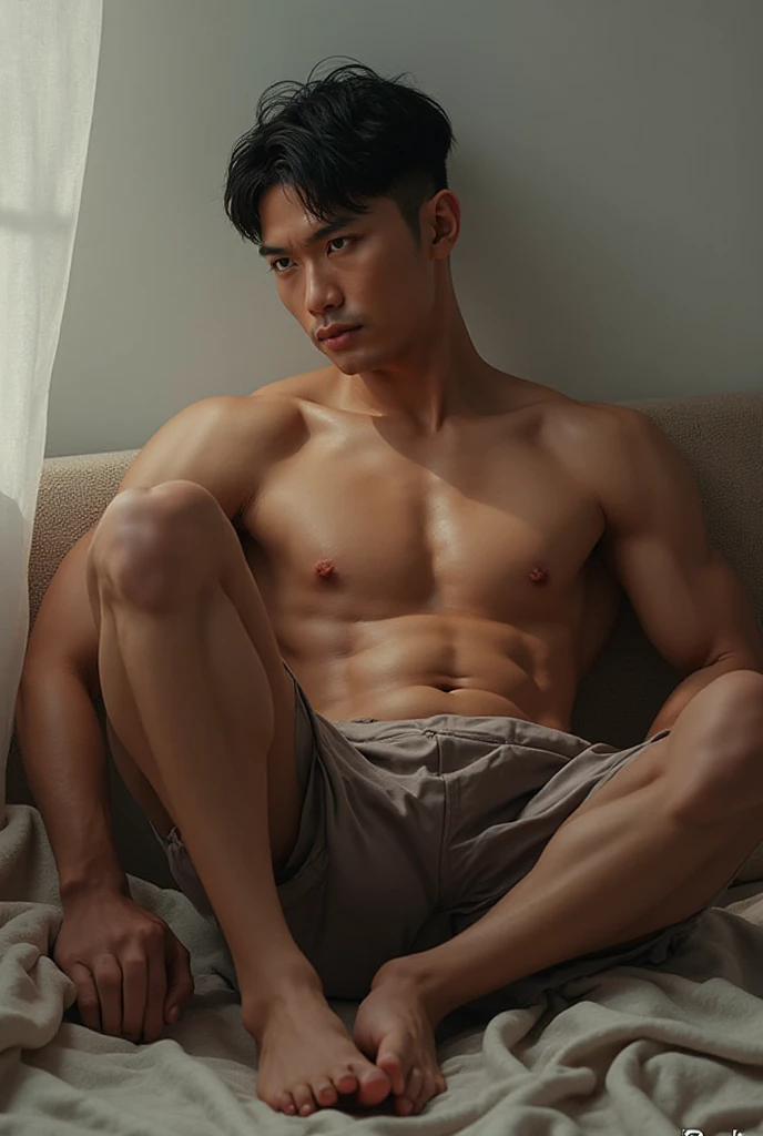 top quality, ultra high resolution, (photorealistic: 1.4), Cha eun woo, shirtless, showing armpit, dynamic angles, handsome, perfect face, perfect body, natural light, raw, detailed, best quality, 8k