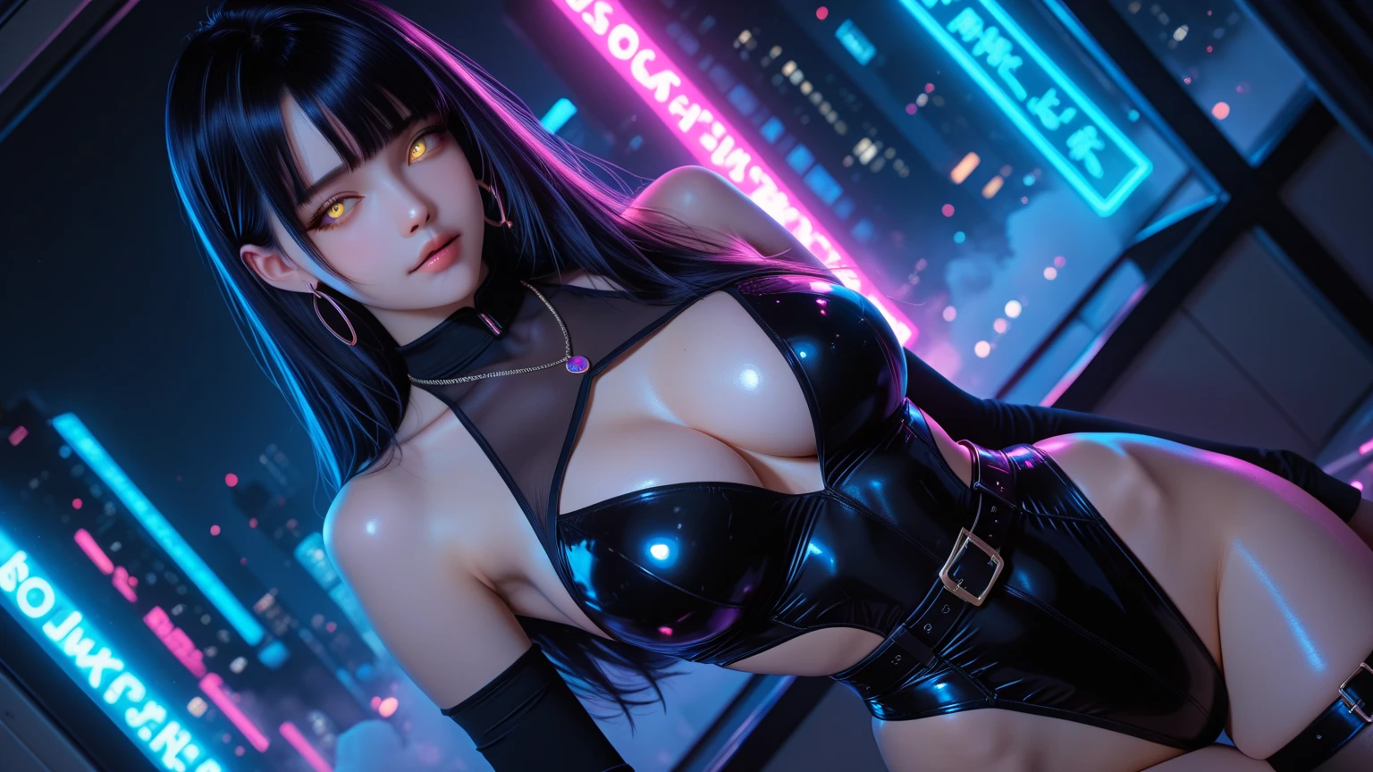 ExtremelyDetailed (GravureIdol with Biomechanical HUGE and HEAVY boob), (masterpiece, TopQuality)(UltraDetailed CommercialPhoto), Arms behind head, Tiny diamond_, Flawless Radiant FineSkin with Transparency and BikiniTanline, Glowing Body in dark, (Studio Dark Background with (Overflowing Dazzling RainbowColor Particles (BokeH))), Standing FullBody from above, Overflowing Gigantic Cleavage