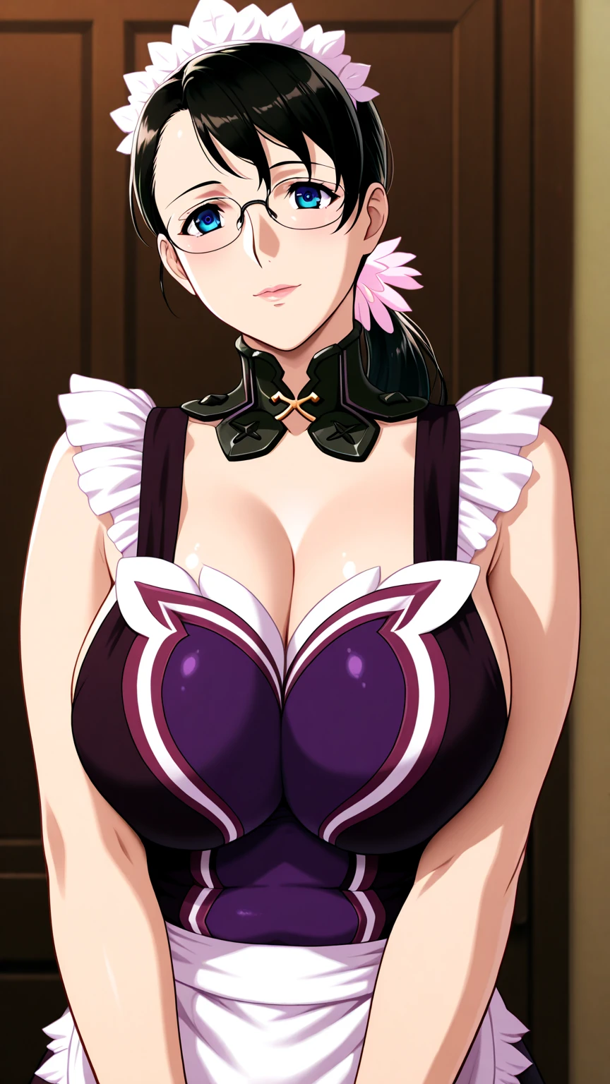 score_9, score_8_up, score_7_up, score_6_up, score_5_up, score_4_up, BREAK,
1girl, cattleya, black hair, ponytail, glasses, blue eyes,
huge breasts, mature female,
apron, arms behind back,
upper body, smile, looking at viewer, solo, simple background, white background   <lora:CattleyaXL:1>