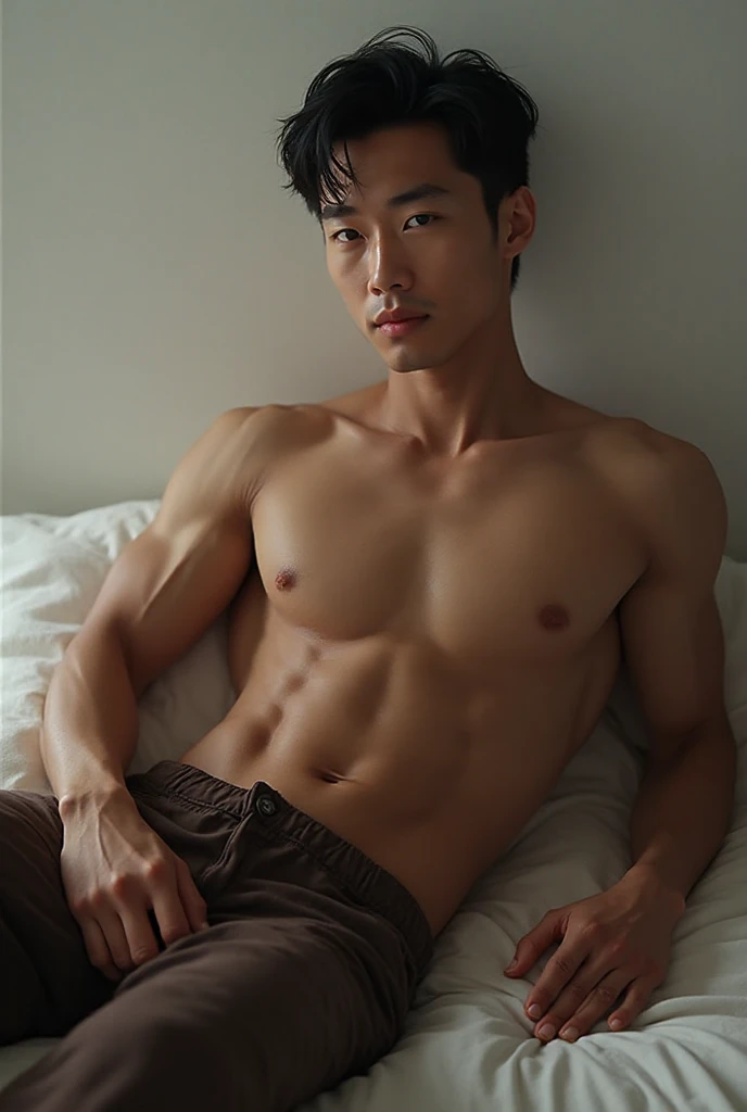 Create a 64k photo of a balcony overlooking a valley covered in thick white fog. The morning light is dim. Low-angle portrait of a handsome Thai-Korean male teenager with a dark, well-toned skin. He has a well-proportioned, muscular body with short, dark black hair. He wears light pastel  that clings to his skin. He sits on the balcony with his legs spread wide.