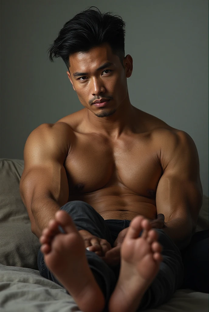 Uncle Shandong, China，male people，he is about 50 years old，Rough and handsome lookusculature，Oversized muscles，Oversized pectoral muscles，Bare topless，Bare topless，Big waist round，Chest hair，Lie on a deck chair，Huge balcony，Cyber City，underwear，Black socks，buzz cut, vred, scowling, Best quality, Masterpiece，（Tattooed with：1.5），（musculous：1.5），（Obese：1.5），（Gray hair：1.5 ），（Gray body hair：1.5），（Skin Wrinkles：1.5），（gloss on the skin：0.5），