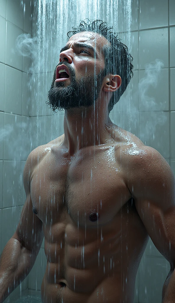 A handsome man with a big chest in a bathtub, candle lit bubble bath, big pecs, attractive male, sexy masculine, relaxing, handsome male, oppai, oppai proportions, cinematic lighting, high contrast, vivid colors, 8k, masterpiece
