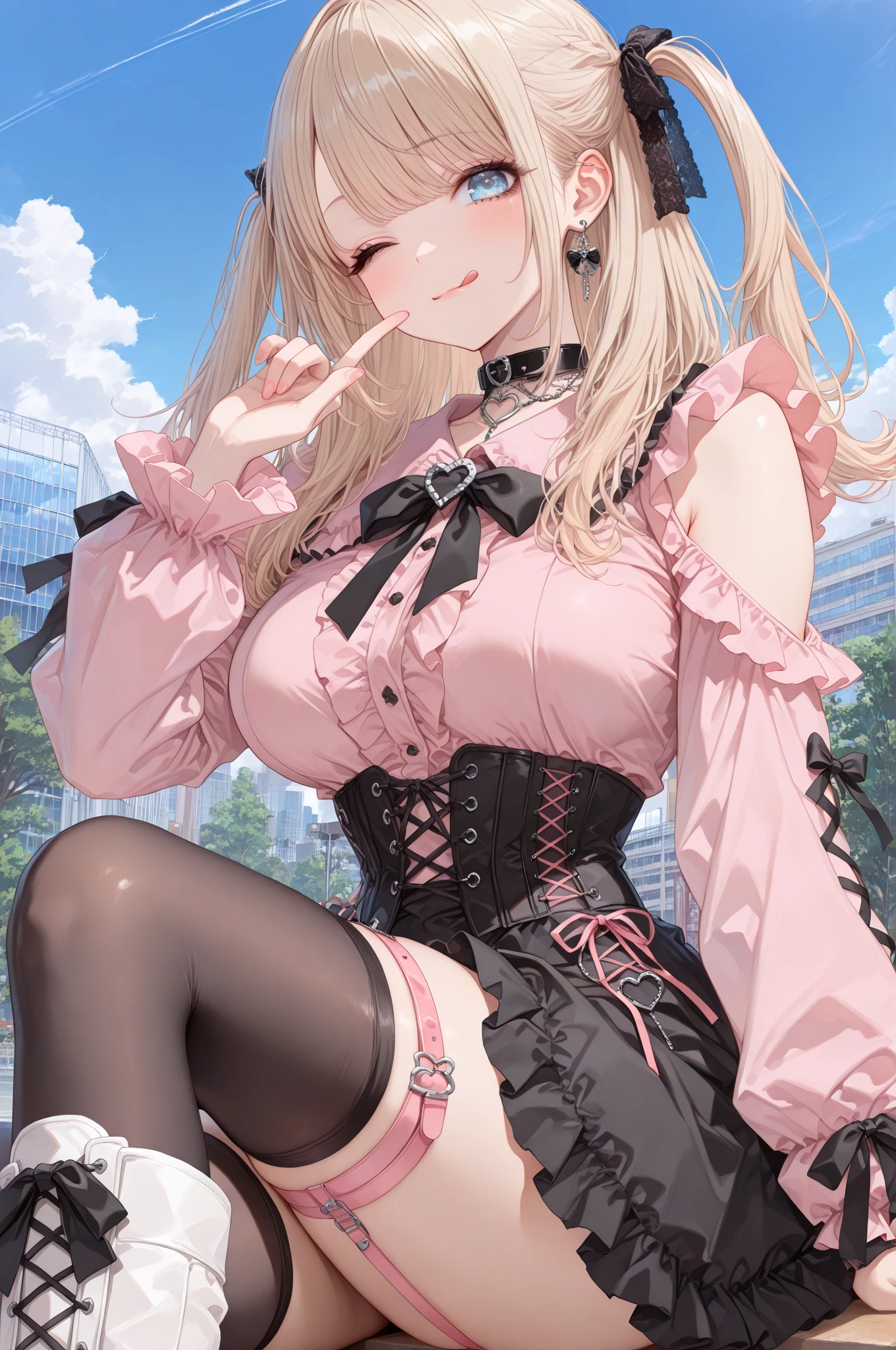 1 Wavy blonde girl、red eyes、off shoulders、a 、Surrounded by roses、Sitting with a smile、Black tights