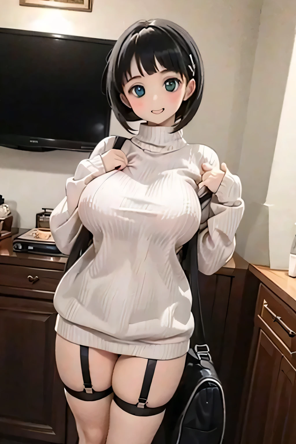 、 、 Take a big boob pose and look at me and smile 、((( lingerie)))is standing Garter Belt ((( knit sweater))) Breast bag