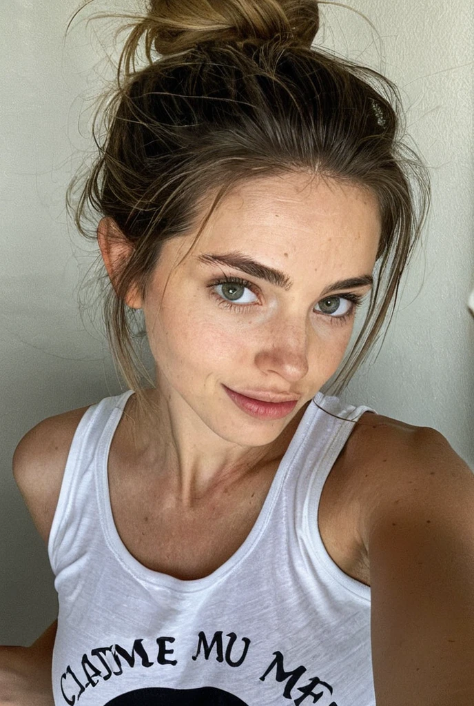 White woman, 35 years old, Brown hair, long hair, messy hair, Nice face, simetric face, Green eyes, Nice body, cute, shy, tank top, smile, earrings 