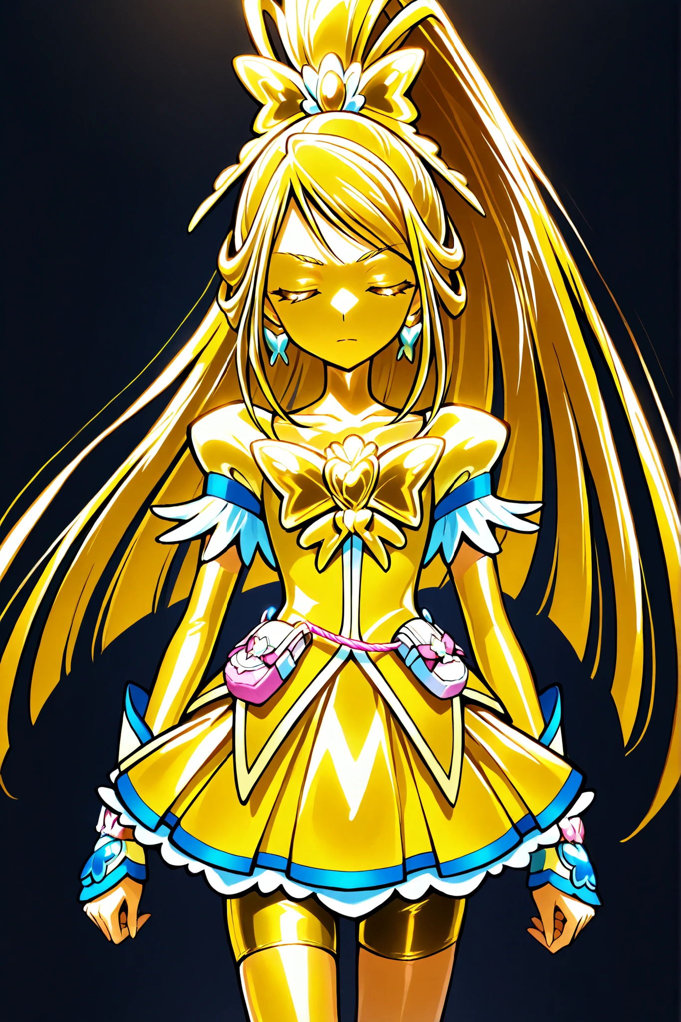 Cure Aqua, masterpiece, top quality, Newest, very high resolution with glasses in one hand, closed eyes, gold髪,  jaundice, closed mouth, no students, Yellow skin, glossy skin,  gold属の肌,  black eyebrow, Drooping eyebrows, 1girl, solo, Cowboy Shot, is standing, Dynamic, viewers, sleeping, serious expression, black background,  standing, arms at side, wide, wide ponytail with floating noodles, gold_Butterfly Brooch , gold_shorts, gold_butterfly hair ornaments, long hair, gold_shorts, ponytail with floating noodles, Magical Girl, gold_skirt, bike shorts, gold_shorts under skirt, hair ornaments, gold_gem, high ponytail with floating noodles, metallic costume