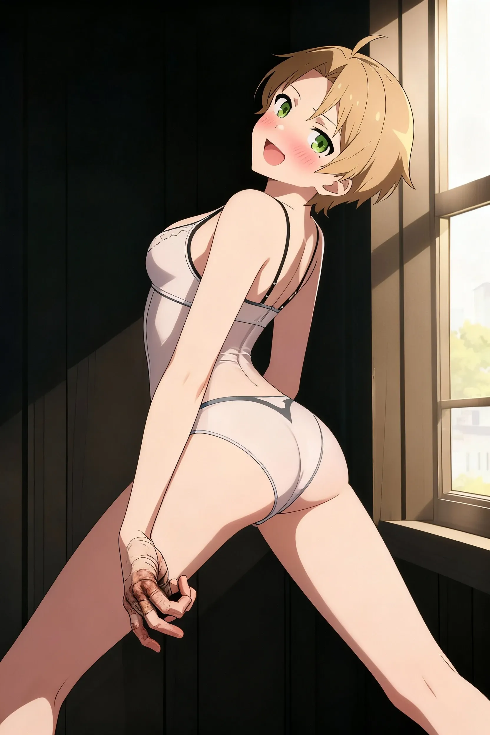 Beautiful woman、white tops that high-necked short-sleeved knit、Black thin tights、Legs in tights、Beautiful feet、Medium hair、Earrings、Blonde、slender、low length、Her belly button is just a little visible、POV、toilet、Close Contact、Black Stockings