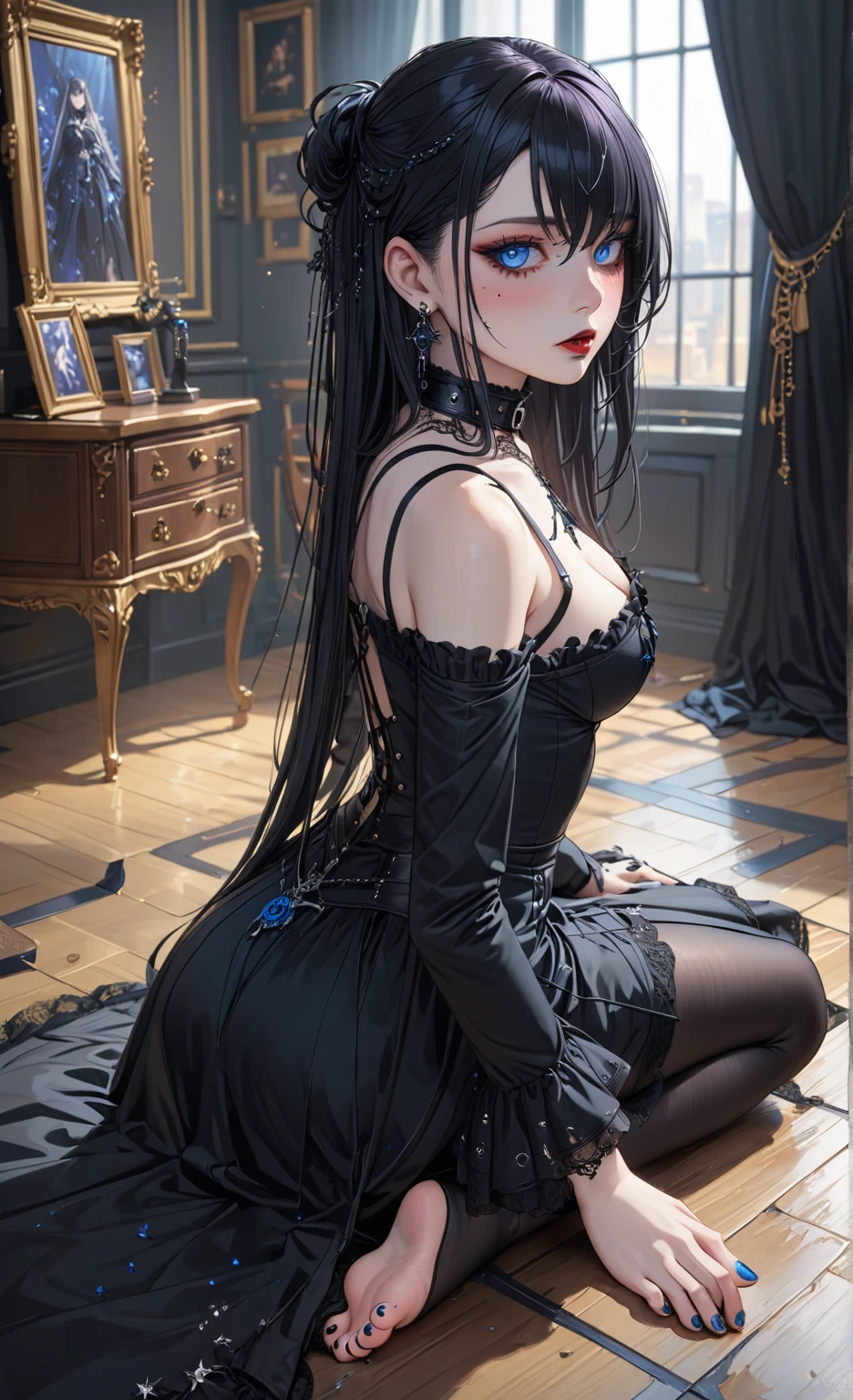 Hard Dark Gothic Makeup、Maniacal、Deep night sky、horor、Black Dark Eyeshadow、crying how bright、mourn、Good skin luster、Dark Gothic Makeup、Dark smile、Restless Palace、Expressions of  arousal、Fragrant beauty、22year old、Lying、seductiv、Strong  pleasure  expressions、A look of shame、Dark Gothic、Gothic lolita、bell sleeves、Wizard Sleeve、 look、Stained glass background、masutepiece、Best Quality、Refers to 5 books、Sweat glitters on my chest、Expression of  pleasure in anguish、Drunken face、maid clothes、Mysterious、noble、Face holding back the toilet、flirty gothic  clothes、the body is wet and shiny、Transcendent  appeal、Lots of glitter on the thighs、I'm sweating a lot、Affectionate smile、twin-tail hair、my thighs are so wet、jet black ruffle skirt、Shaded、blue eye on the right, Red eye on the left、Gothic bed covered with roses、Transcendent Bewitching Pose、Arch the back、stick out buttocks、knee high socks、thigh-high socks、A lot of sweat and stickiness on the thighs、Lots of sticky shiny thighs、Sweat shining generously on the thighs、The whole body is shiny with sweat、Glamour、A sexy、platform heel shoes、Quite sweaty、My thighs are sweaty、heavy make up、Breast size is modest、black lipstick、Heavy dark gothic long dress、bright pink hair、Long hair straight hair、stain glass、black metal world、sloppily open your legs、Thighs are more glamorous、Beauty the world、sit on a bed of roses、Goth  clothes、