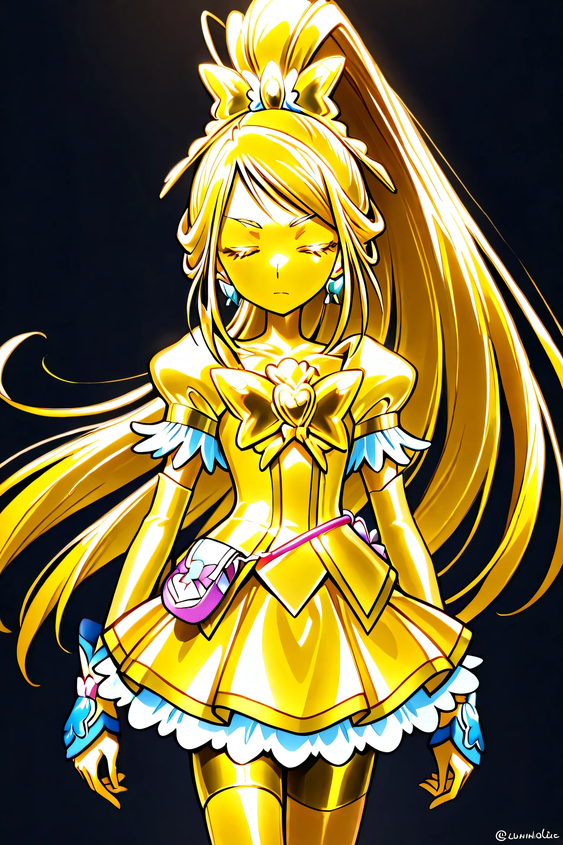 Cure Aqua, masterpiece, top quality, Newest, very high resolution with glasses in one hand, closed eyes, gold髪,  jaundice, closed mouth, no students, Yellow skin, glossy skin,  gold属の肌,  black eyebrow , Drooping eyebrows, 1girl, solo, Cowboy Shots, is standing, dynamic, viewers, sleeping, serious expression, Black Background,  standing, arms at side, wide, wide ponytail, gold_Butterfly Brooch , gold_shorts, gold_butterfly hair ornaments, long hair, gold_shorts, ponytail, Magical Girl, gold_skirt, bike shorts, gold_shorts under skirt, hair ornaments, gold_gem, high ponytail, metallic costume