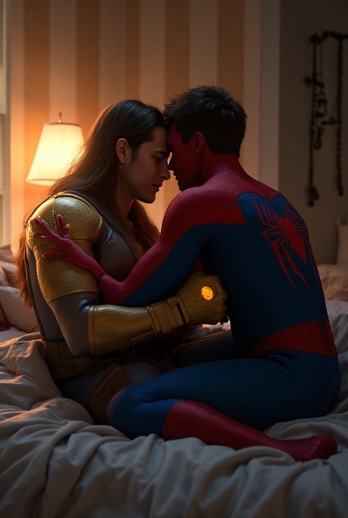 Spiderman with his mask on sleeps with muscular and athletic body Wonder Woman