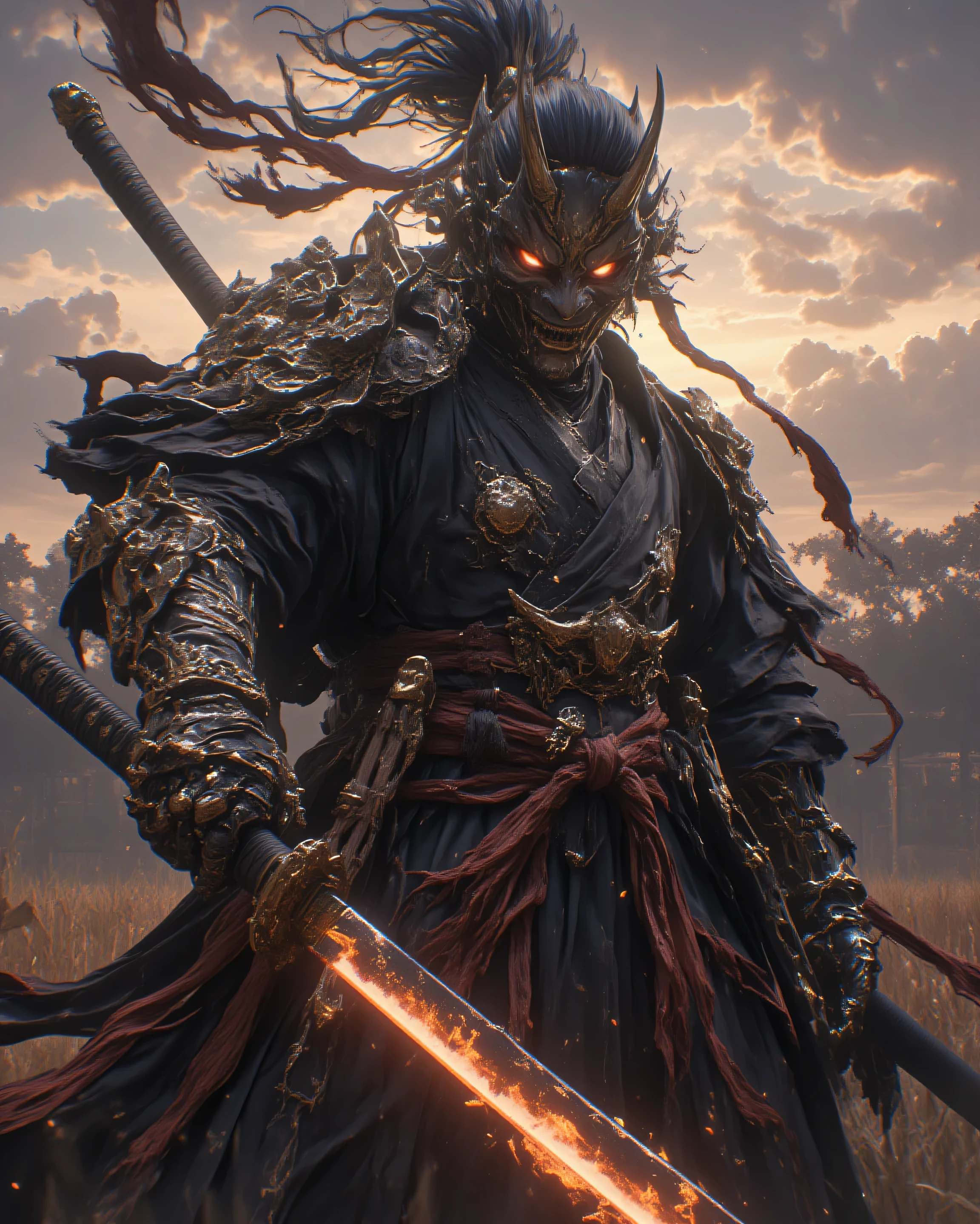 hkwarrior,a samurai,(((With a Large Japanese Sword in One Hand)))A Samurai's Serious Expression,smooth and powerful body movements,Armor Shining in the Sun、large battlefield scenery in the distance,dark cloud,((Incredibly Powerful、Spirit))The Long Run of Battle Drums,masterpiece,4K,very detailed,realistic,physically-based rendering,Professional,bright color,Dramatic Lighting,Tight Atmosphere,epic scale,dynamic composition,Cinematic Color Grading
