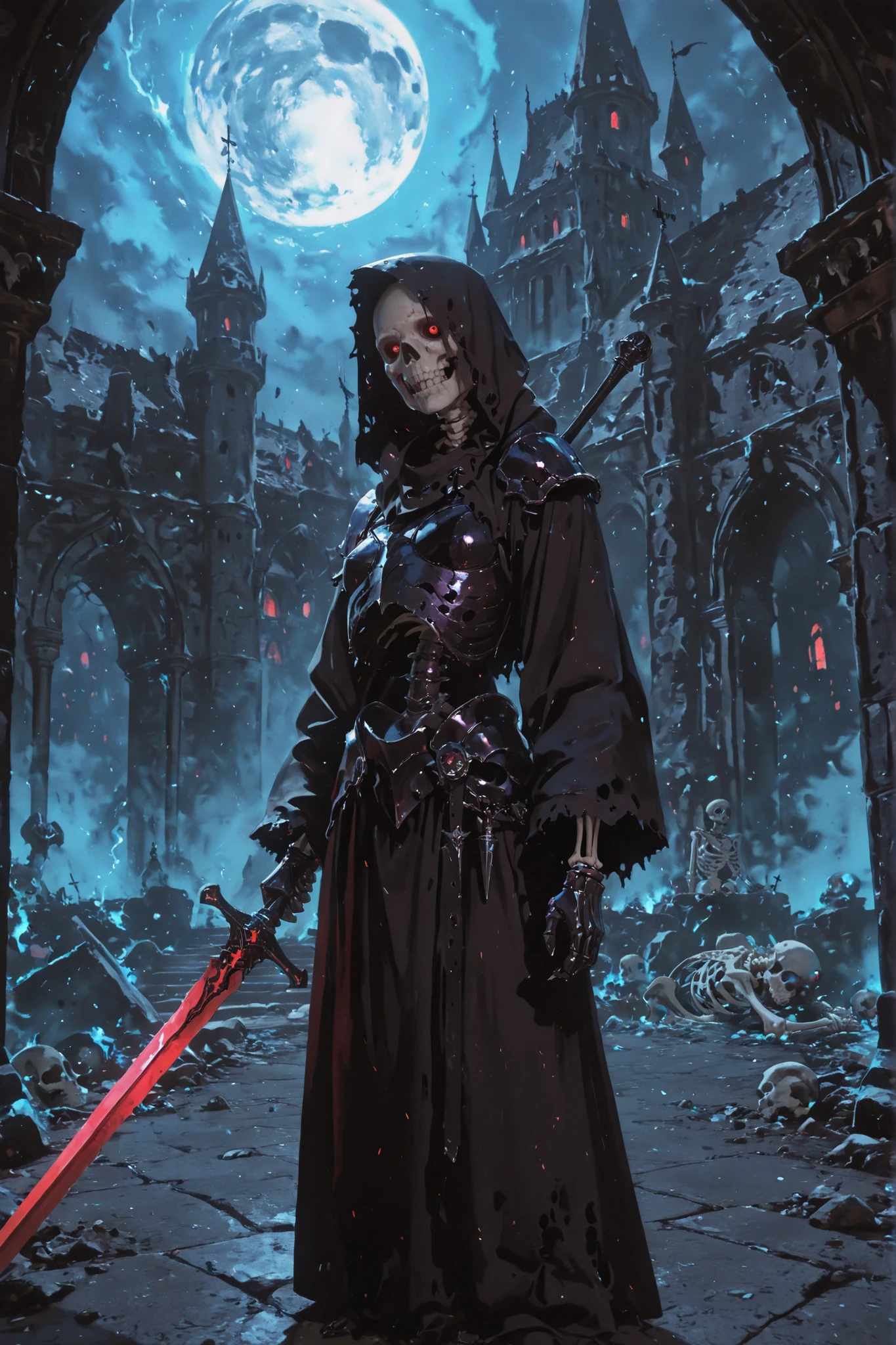Skeleton Dark Knight, Skeleton Knight in dark armor, Ruthless expression, with a long sword in his hand , mysterious atmosphere, Standing in the dark, In front of the spooky castle, Heavy Stone Buildings, HDR, 8k Real,Realistic,Professional, vivid colors,Sharp Focus,extreme detail depiction