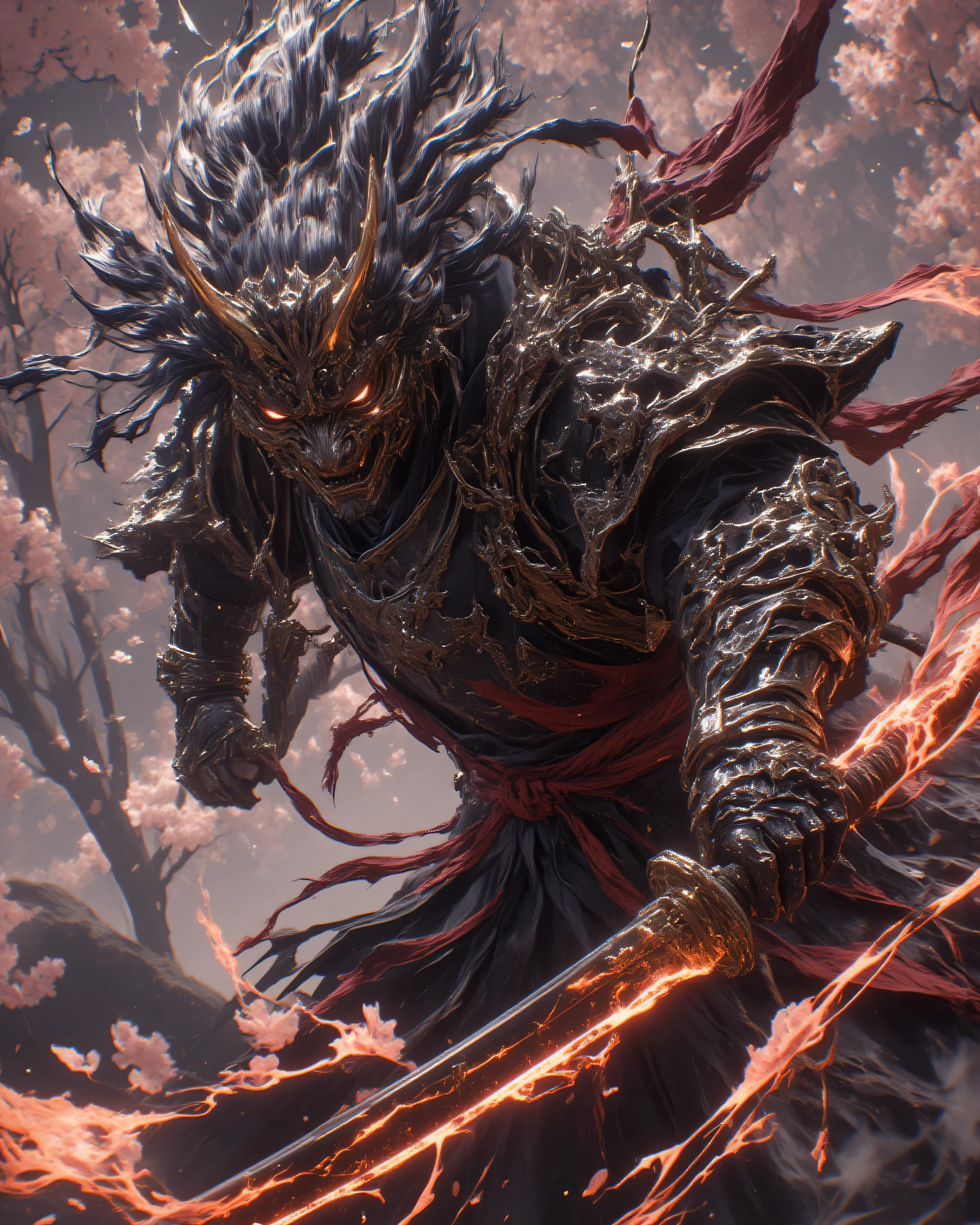 A legendary samurai in ornate black samurai armor with crimson accents and flowing haori, captured in a powerful mid-swing slashing motion with a massive, perfectly forged Japanese katana—emphasize the flawless blade shape: elegant hamon wave pattern along the razor-sharp edge, subtle curvature of the tsuba and tsuka, gleaming steel reflecting dramatic light—unleashing a devastating horizontal slash that cleaves the air with ferocious speed, the blade’s path trailing intense glowing red energy slashes, explosive shockwaves rippling outward like thunder cracks, scattered cherry blossoms torn apart in the wake, motion blur on the sword’s arc for hyper-dynamic intensity, low-angle heroic shot highlighting rippling muscles and unyielding gaze, volumetric god rays filtering through misty battlefield fog, ultra-detailed textures on engraved hilt and armored plates, in the style of Tetsuya Nomura meets Yoshitaka Amano, cinematic epic fantasy art, 8K resolution, masterpiece, badass and awe-inspiring.