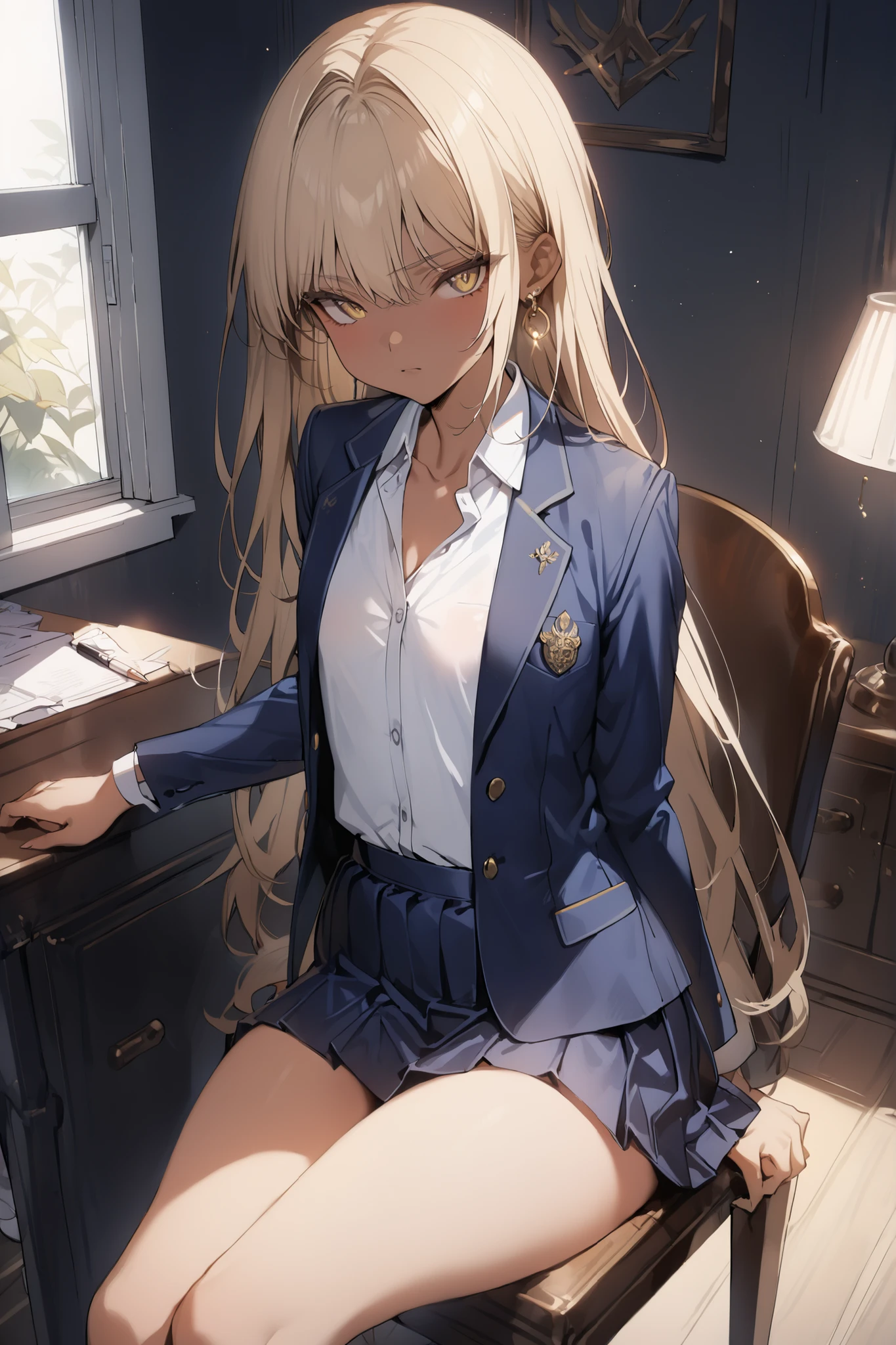 ((masterpiece,top quality:1.2)),(Super-resolution),(1gir),slender,((Female high school girl sitting on a chair and staring at me in her room)),beautiful skin,(((tanned skin))),(((thin thighs))),(((Long Golden Hair))),perfect golden eyes, tree eyes ,Serious Expressionless,(((navy blue blazer))),(((white blouse))),(((dark blue school skirt))),white loose socks,gold earrings,Cowboy Shot