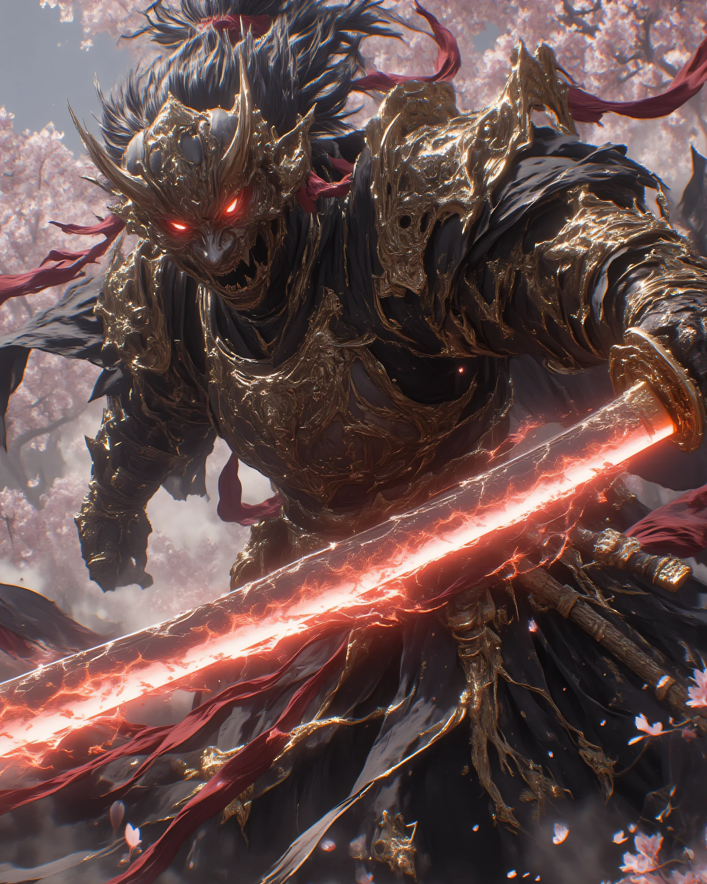 A legendary samurai clad in magnificent, intricately detailed black-lacquered samurai armor—emphasize the ornate splendor: layered sode pauldrons with crimson silk ties and gold filigree engravings of dragons and waves, gleaming kabuto helmet with flowing red mae-mawari ribbons, ornate dou chest plate etched with family crests and polished rivets reflecting dramatic light—captured in a powerful mid-swing slashing motion with a massive, perfectly straight-bladed Japanese chokuto—emphasize the flawless straight blade shape: razor-sharp linear edge without curve, pristine hamon straight-line pattern gleaming under light, elegant tsuba and tsuka with intricate engravings, the blade’s unyielding straight form slicing through the air with lethal precision—unleashing a devastating horizontal slash that cleaves the air with ferocious speed, the blade’s path trailing intense glowing red energy slashes, explosive shockwaves rippling outward like thunder cracks, scattered cherry blossoms torn apart in the wake, motion blur on the sword’s straight arc for hyper-dynamic intensity, low-angle heroic shot highlighting rippling muscles beneath the armor and intense but non-glowing eyes with no red light, calm yet piercing gaze, volumetric god rays filtering through misty battlefield fog, ultra-detailed textures on engraved hilt, armored plates, and flowing haori, in the style of Tetsuya Nomura meets Yoshitaka Amano, cinematic epic fantasy art, 8K resolution, masterpiece, badass and awe-inspiring.