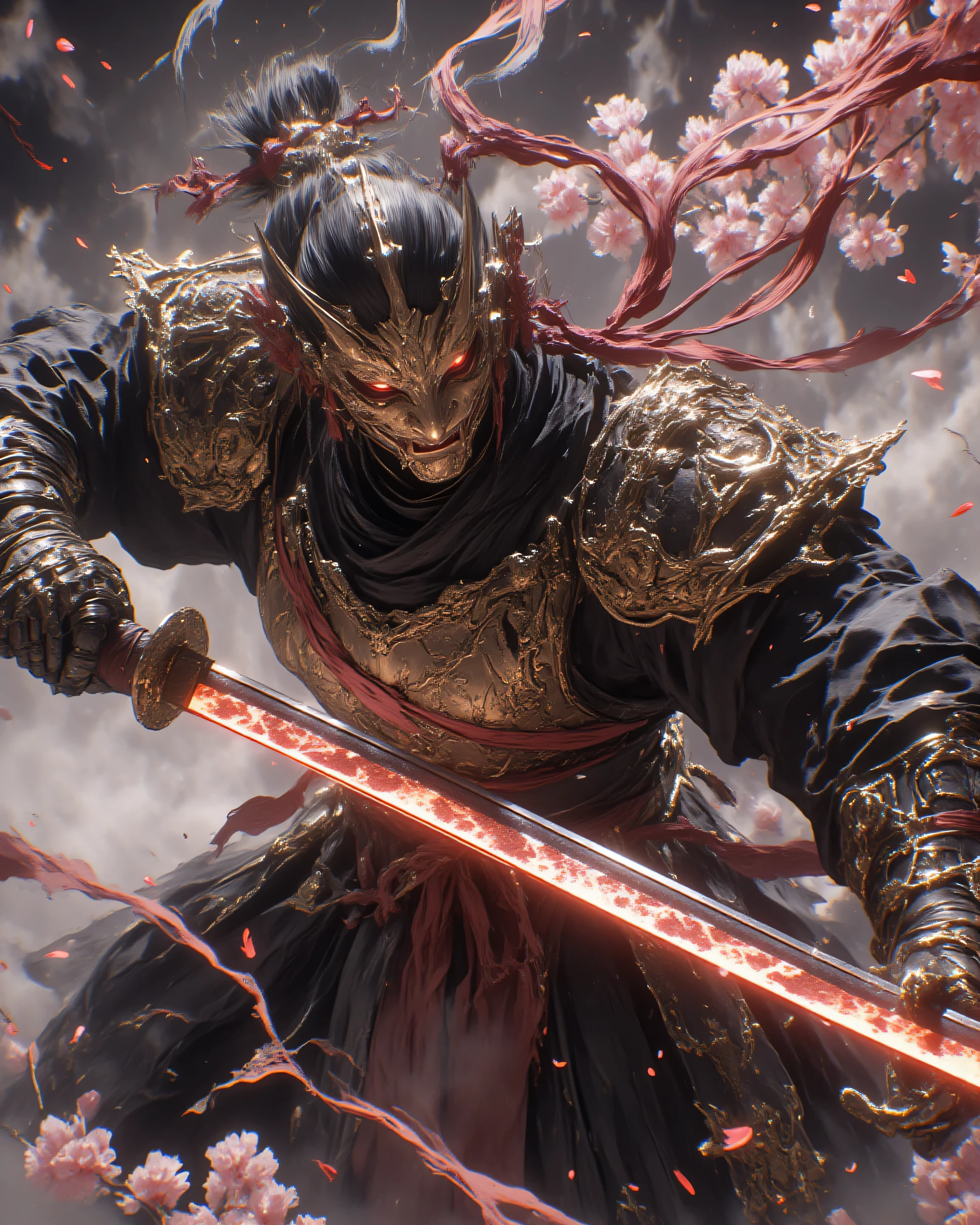 hkwarrior,A legendary samurai clad in magnificent, intricately detailed black-lacquered samurai armor—emphasize the ornate splendor: layered sode pauldrons with crimson silk ties and gold filigree engravings of dragons and waves, gleaming kabuto helmet with flowing red mae-mawari ribbons, ornate dou chest plate etched with family crests and polished rivets reflecting dramatic light—captured in a powerful mid-swing slashing motion with a massive, perfectly straight-bladed Japanese chokuto—emphasize the flawless straight blade shape: razor-sharp linear edge without curve, pristine hamon straight-line pattern gleaming under light, elegant tsuba and tsuka with intricate engravings, the blade’s unyielding straight form slicing through the air with lethal precision—unleashing a devastating horizontal slash that cleaves the air with ferocious speed, the blade’s path trailing intense glowing red energy slashes, explosive shockwaves rippling outward like thunder cracks, scattered cherry blossoms torn apart in the wake, motion blur on the sword’s straight arc for hyper-dynamic intensity, low-angle heroic shot highlighting rippling muscles beneath the armor and intense but non-glowing eyes with no red light, calm yet piercing gaze, volumetric god rays filtering through misty battlefield fog, ultra-detailed textures on engraved hilt, armored plates, and flowing haori, in the style of Tetsuya Nomura meets Yoshitaka Amano, cinematic epic fantasy art, 8K resolution, masterpiece, badass and awe-inspiring.