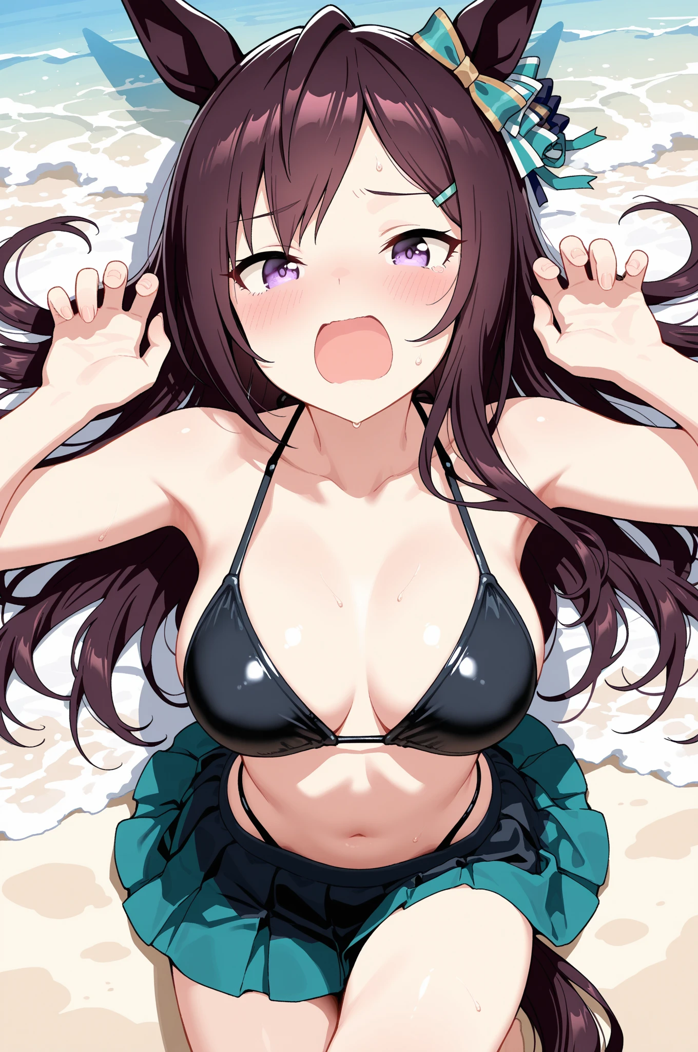 (Tabletop:1.0), (highest quality:1.4), (High resolution:1.2), From the side,Sharp contours, long hair, highest quality, masterpiece,Glasses,Voice of the Heart,yandere,Browsing Caution,????,facial,Excessive ,????? to ?????,???????,saliva,blush,Heterochromia iridis,Colorful Hair,Dynamic composition,Swimwear,horizontal line