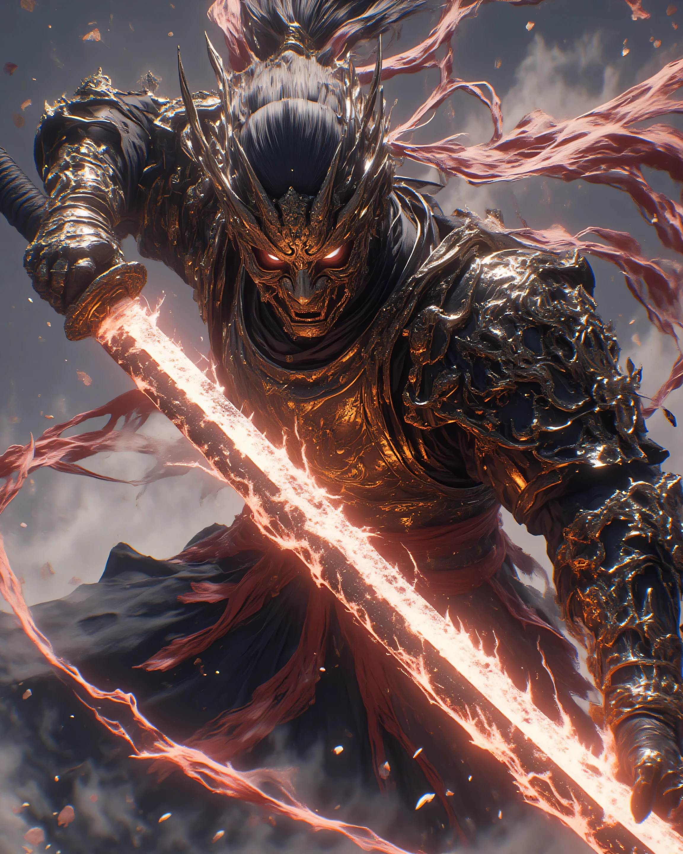 hkwarrior,A legendary samurai clad in magnificent, intricately detailed black-lacquered samurai armor—emphasize the ornate splendor: layered sode pauldrons with crimson silk ties and gold filigree engravings of dragons and waves, gleaming kabuto helmet with flowing red mae-mawari ribbons, ornate dou chest plate etched with family crests and polished rivets reflecting dramatic light—captured in a powerful mid-swing slashing motion with a massive, perfectly straight-bladed Japanese chokuto—emphasize the flawless straight blade shape: razor-sharp linear edge without curve, pristine hamon straight-line pattern gleaming under light, elegant tsuba and tsuka with intricate engravings, the blade’s unyielding straight form slicing through the air with lethal precision—unleashing a devastating horizontal slash that cleaves the air with ferocious speed, the blade’s path trailing intense glowing red energy slashes, explosive shockwaves rippling outward like thunder cracks, scattered cherry blossoms torn apart in the wake, motion blur on the sword’s straight arc for hyper-dynamic intensity, low-angle heroic shot highlighting rippling muscles beneath the armor and intense but non-glowing eyes with no red light, calm yet piercing gaze, volumetric god rays filtering through misty battlefield fog, ultra-detailed textures on engraved hilt, armored plates, and flowing haori, in the style of Tetsuya Nomura meets Yoshitaka Amano, cinematic epic fantasy art, 8K resolution, masterpiece, badass and awe-inspiring.