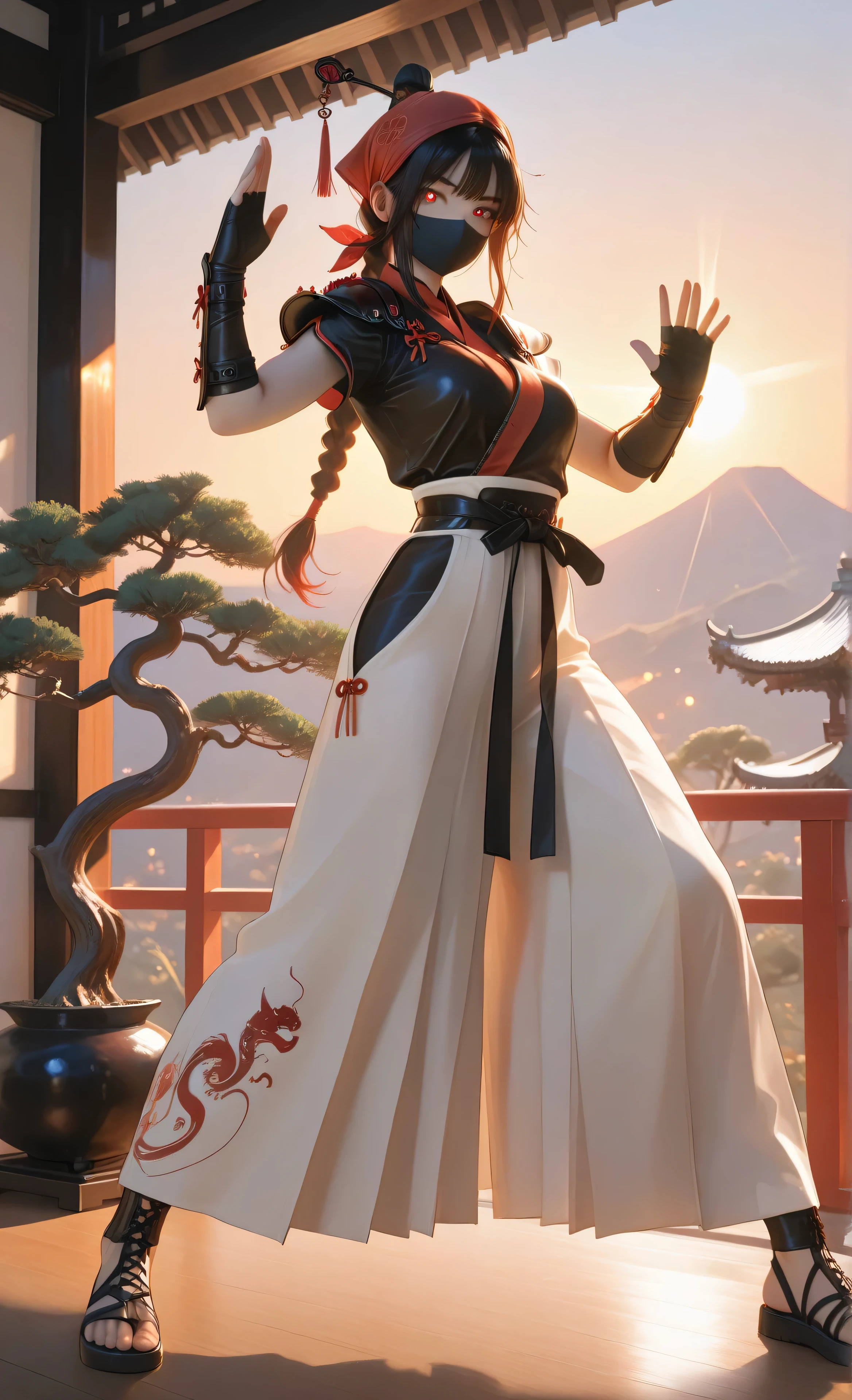 (Amazing quality:1.3), (Masterpiece:1.2), aesthetic, newest, highres, highly detailed Asian nature, 1girl, Kung Fu Warrior, Chinese, Red bandana with black details and white shaolin symbols, long Black braided ponytail Chinese traditional hair, Chinese hair accessories, Black shoulder pads with details, Short White hakama with shaolin symbols, short sleeved with white shaolin details, White/black waving hakama pants, Black leg laced leather sandals, black belt with, Dark/blue iris, shiny diamond pupils, sidelocks, black fingerless ninja gloves, black/red covered mouth mask. Asian architecture, big bonsai tree, high mountains far away, China landscape, Glowing swirling northern lights overhead, standing in warrior pose, black leather wrist gauntlets. Side-angle body picture, golden-hour sunlight highlights, soft breeze lighting, lens aberration, rich textural details, sunbeams over landscape, shallow depth of field, realistic rendering