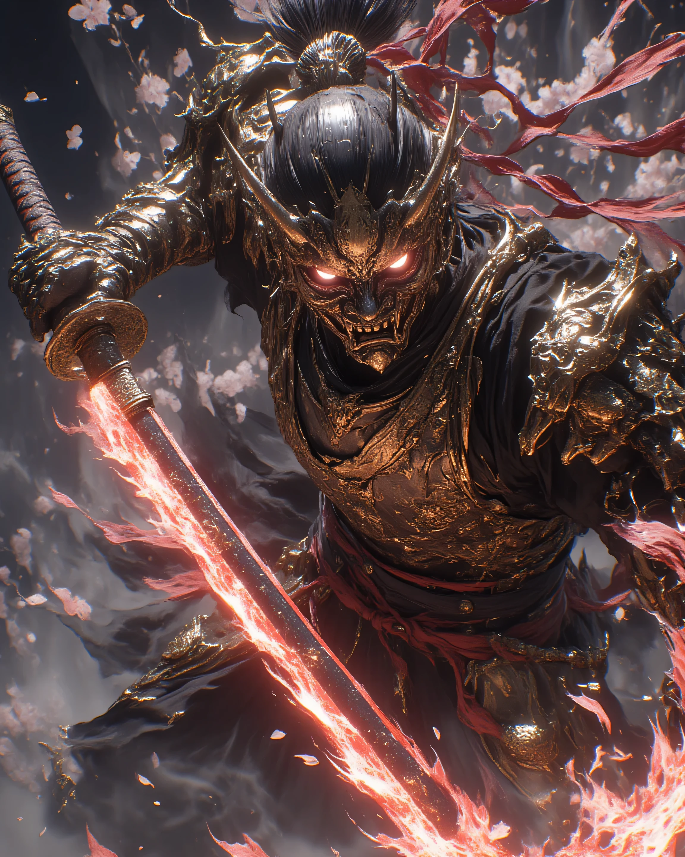 hkwarrior,A legendary samurai clad in magnificent, intricately detailed black-lacquered samurai armor—emphasize the ornate splendor: layered sode pauldrons with crimson silk ties and gold filigree engravings of dragons and waves, gleaming kabuto helmet with flowing red mae-mawari ribbons, ornate dou chest plate etched with family crests and polished rivets reflecting dramatic light—captured in a powerful mid-swing slashing motion with a massive, perfectly straight-bladed Japanese chokuto—emphasize the flawless straight blade shape: razor-sharp linear edge without curve, pristine hamon straight-line pattern gleaming under light, elegant tsuba and tsuka with intricate engravings, the blade’s unyielding straight form slicing through the air with lethal precision—unleashing a devastating horizontal slash that cleaves the air with ferocious speed, the blade’s path trailing intense glowing red energy slashes, explosive shockwaves rippling outward like thunder cracks, scattered cherry blossoms torn apart in the wake, motion blur on the sword’s straight arc for hyper-dynamic intensity, low-angle heroic shot highlighting rippling muscles beneath the armor and intense but non-glowing eyes with no red light, calm yet piercing gaze, volumetric god rays filtering through misty battlefield fog, ultra-detailed textures on engraved hilt, armored plates, and flowing haori, in the style of Tetsuya Nomura meets Yoshitaka Amano, cinematic epic fantasy art, 8K resolution, masterpiece, badass and awe-inspiring.