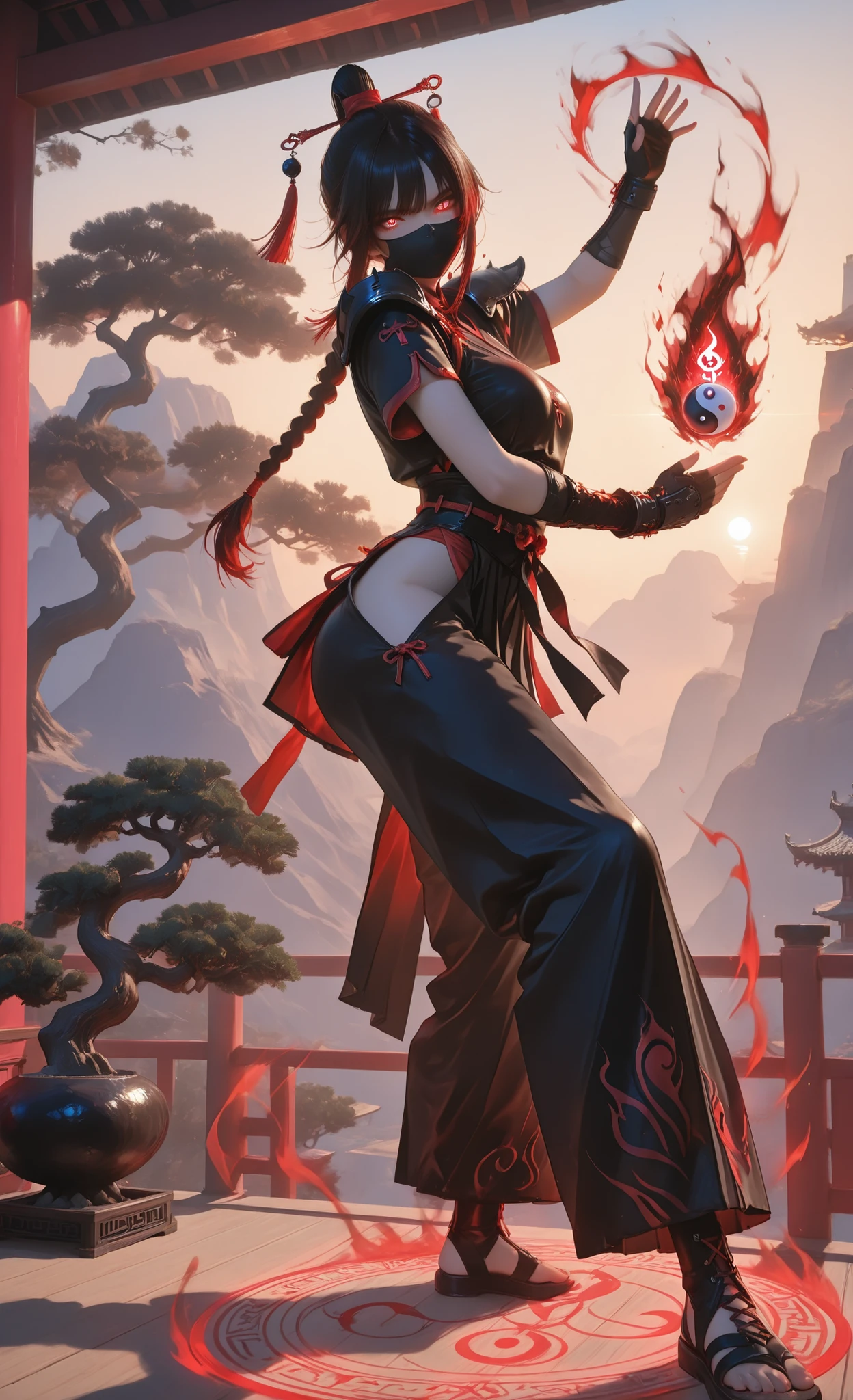 (action pose:1.2),(magic_circle:1.1),(dark aura / shadow aura:1.1),(flames / fire effect:1.1),(Amazing quality:1.3), (Masterpiece:1.2), aesthetic, newest, highres, fantasy, highly detailed Asian nature, 1girl, Kung Fu Warrior, Chinese, Red bandana with black details and white shaolin symbols, long Black braided ponytail Chinese traditional hair, Chinese hair accessories, Black shoulder pads with details, Short White hakama with shaolin symbols, short sleeved with white shaolin details, White/black waving hakama pants, Black leg laced leather sandals, black belt with, Dark/blue iris, shiny diamond pupils, sidelocks, black fingerless ninja gloves, black/red covered mouth mask, ((Powerfull Glowing Red blazing Yin and yang symbol aura)). Asian architecture, big bonsai tree, high mountains far away, China landscape, Glowing swirling northern lights overhead, standing in warrior pose, black leather wrist gauntlets. Side-angle body picture, golden-hour sunlight highlights, soft breeze lighting, lens aberration, rich textural details, sunbeams over landscape, shallow depth of field, realistic rendering