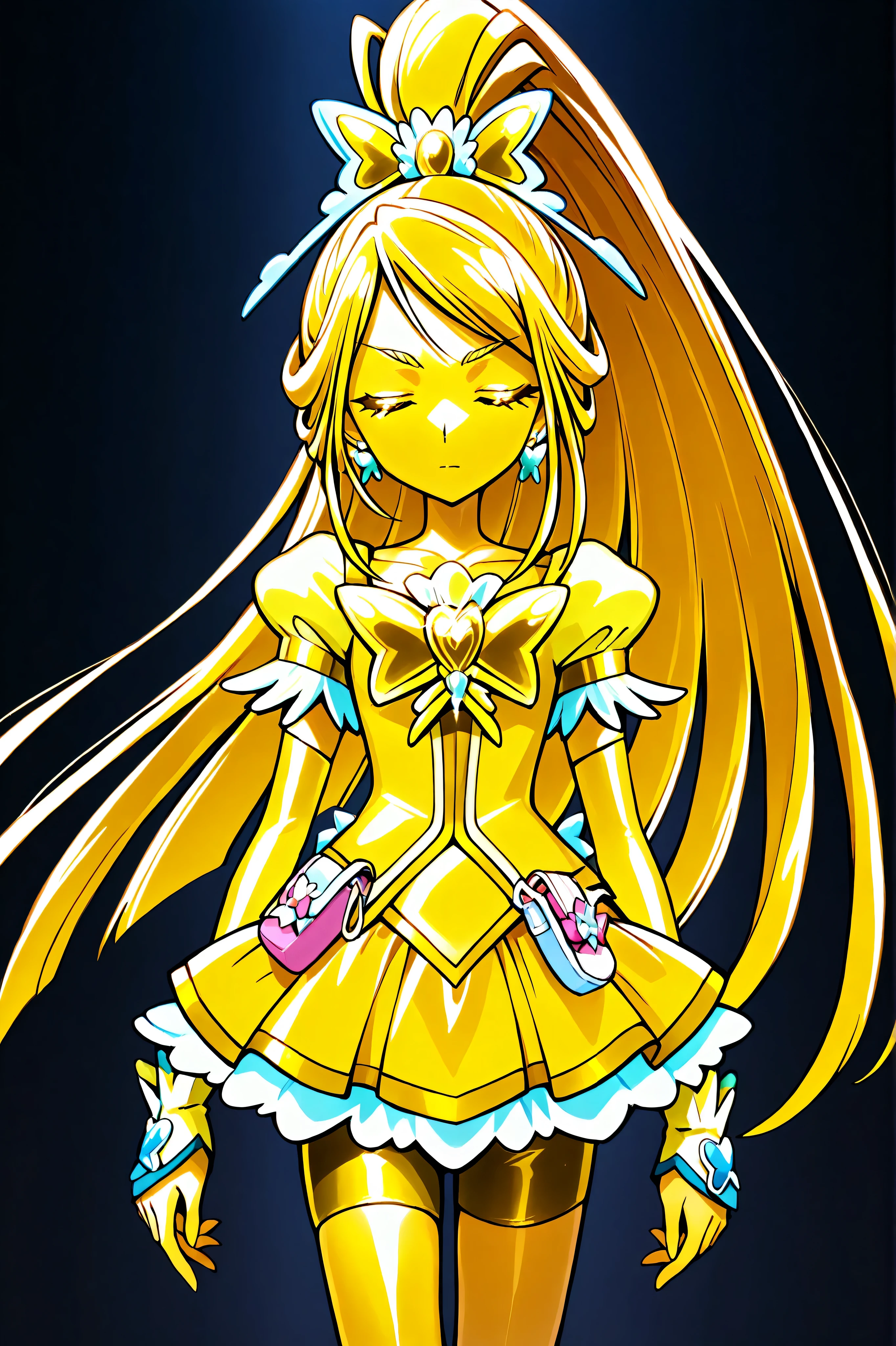 Cure Aqua, masterpiece, top quality, Newest, very high resolution with glasses in one hand, closed eyes, gold髪,  jaundice, closed mouth, no students, Yellow skin, glossy skin,  gold属の肌,  black eyebrow, Drooping eyebrows, 1girl, solo, Cowboy Shot, is standing, Dynamic, viewers, sleeping, serious expression, black background,  standing, arms at side, wide, wide ponytail with floating noodles, gold_Butterfly Brooch , gold_shorts, gold_butterfly hair ornaments, long hair, gold_shorts, ponytail with floating noodles, Magical Girl, gold_skirt, bike shorts, gold_shorts under skirt, hair ornaments, gold_gem, high ponytail with floating noodles, metallic costume