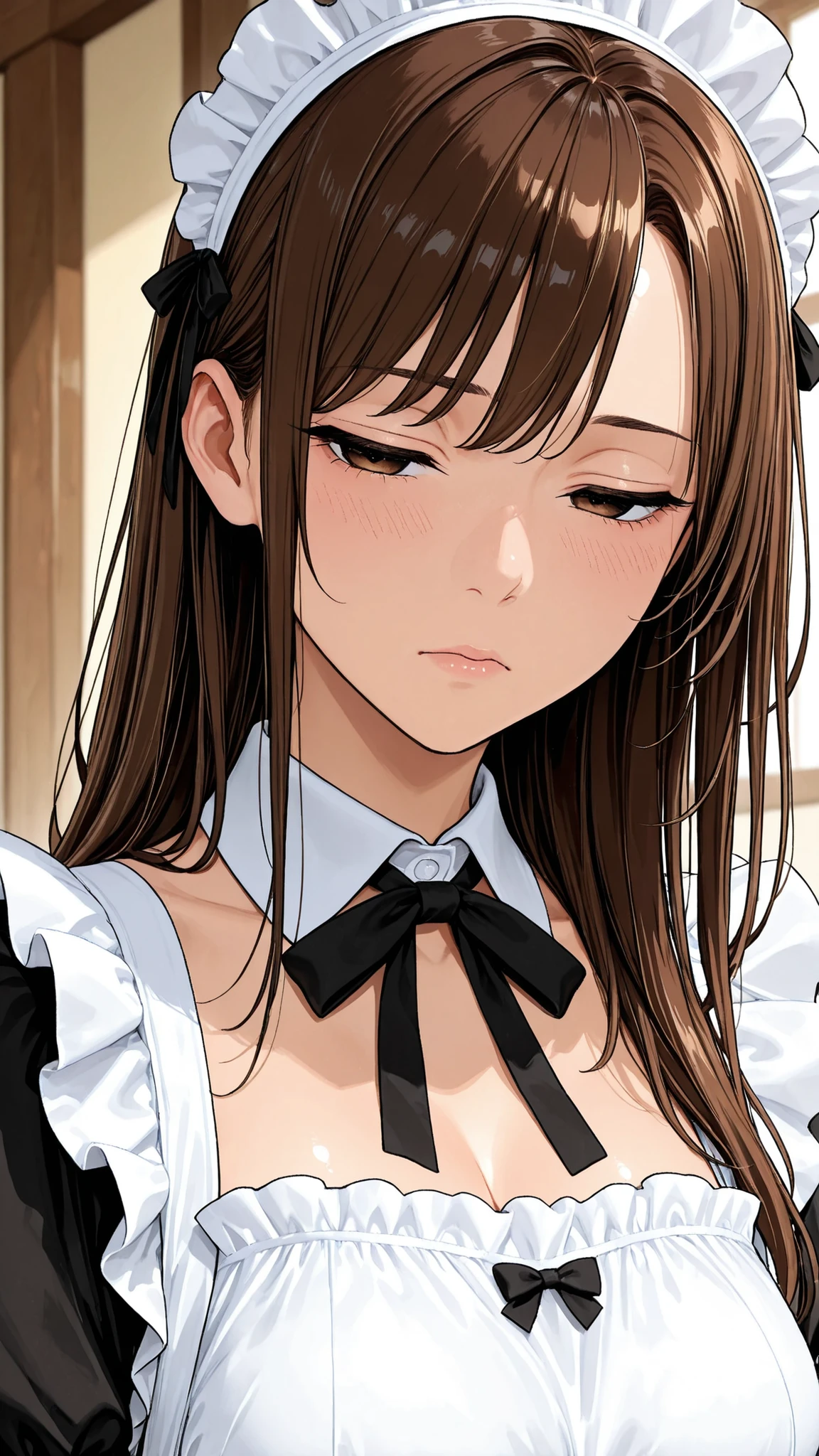 solo, 1girl, line art,maid cafe、maid outfit、brown hair、long hair、it's embarrassing,staring at people、half-closed eyes,bad mood