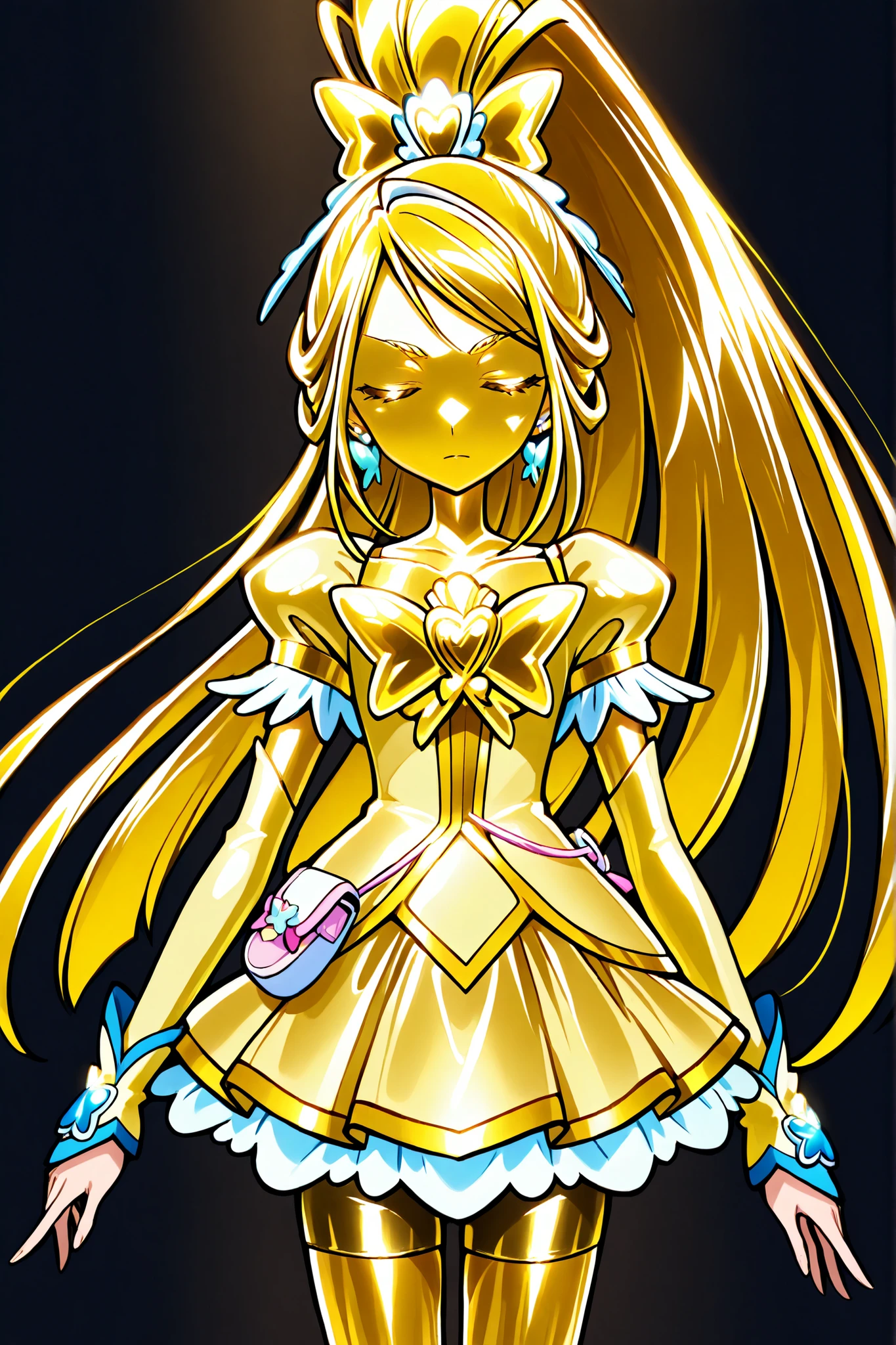 Cure Aqua, masterpiece, top quality, Newest, very high resolution with glasses in one hand, closed eyes, gold髪, jaundice, closed mouth, no students, Yellow skin, glossy skin, gold属の肌, black eyebrow, Drooping eyebrows, 1girl, solo, Cowboy Shot, is standing, Dynamic, viewers, sleeping, serious expression, black background, standing, arms at side, wide, wide ponytail with floating noodles, gold_Butterfly Brooch , gold_shorts, gold_butterfly hair ornaments, long hair, gold_shorts, ponytail with floating noodles, Magical Girl, gold_skirt, bike shorts, gold_shorts under skirt, hair ornaments, gold_gem, high ponytail with floating noodles, metallic costume