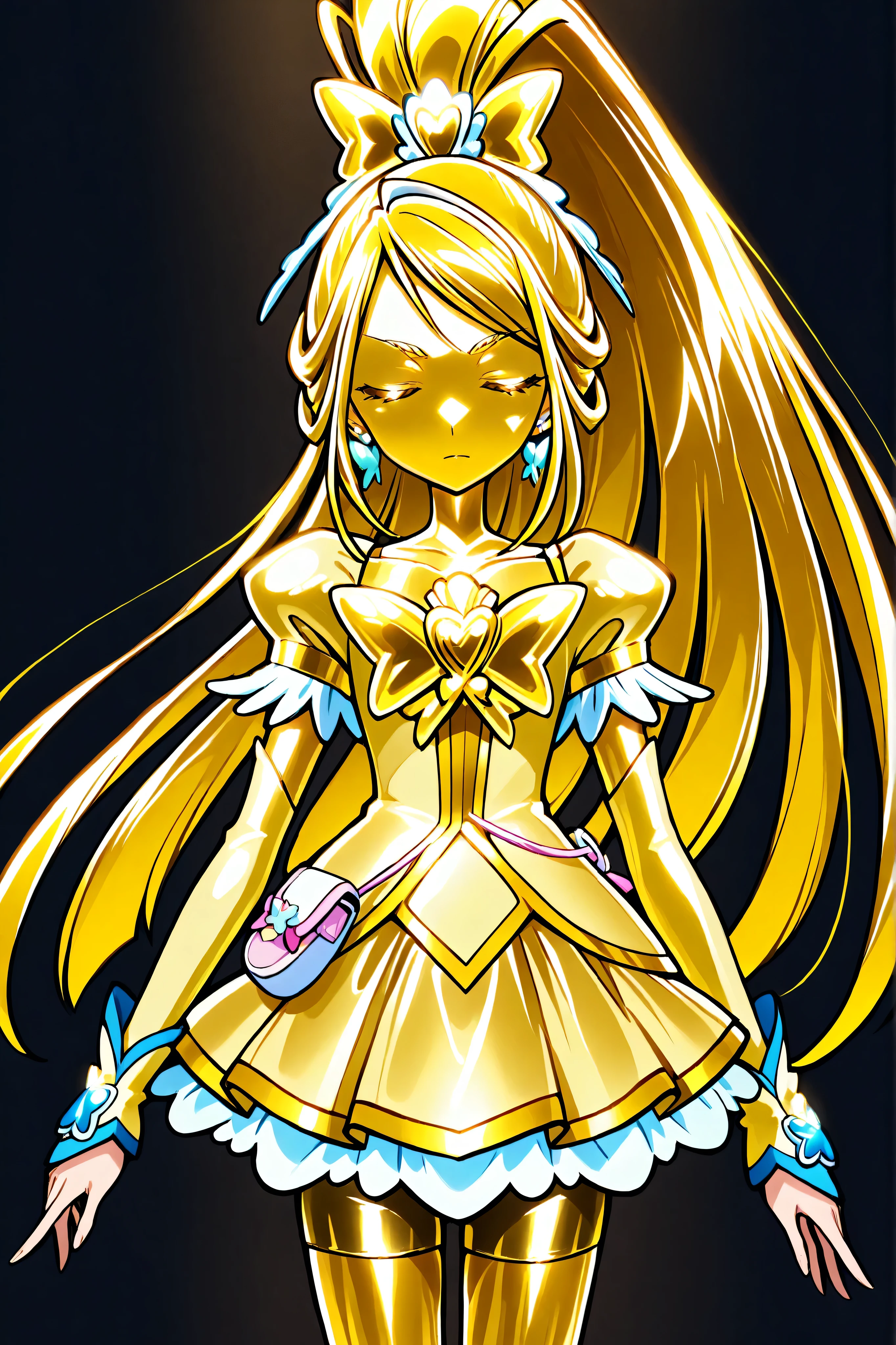 Cure Aqua, masterpiece, top quality, Newest, very high resolution with glasses in one hand, closed eyes, gold髪,  jaundice, closed mouth, no students, Yellow skin, glossy skin,  gold属の肌,  black eyebrow, Drooping eyebrows, 1girl, solo, Cowboy Shot, is standing, Dynamic, viewers, sleeping, serious expression, black background,  standing, arms at side, wide, wide ponytail with floating noodles, gold_Butterfly Brooch , gold_shorts, gold_butterfly hair ornaments, long hair, gold_shorts, ponytail with floating noodles, Magical Girl, gold_skirt, bike shorts, gold_shorts under skirt, hair ornaments, gold_gem, high ponytail with floating noodles, metallic costume