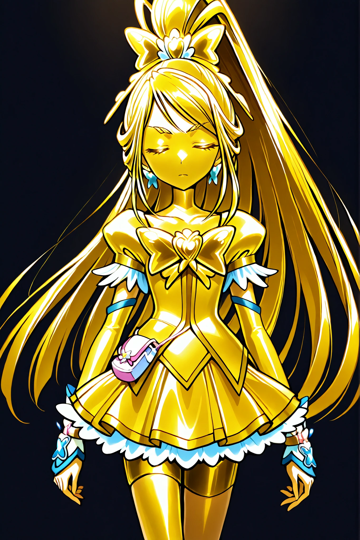 Cure Aqua, masterpiece, top quality, Newest, very high resolution with glasses in one hand, closed eyes, gold髪, jaundice, closed mouth, no students, Yellow skin, glossy skin, gold属の肌, black eyebrow, Drooping eyebrows, 1girl, solo, cowboy shot, is standing, Dynamic, viewers, sleeping, serious expression, black background, standing, arms at side, wide, wide ponytail with floating noodles, gold_Butterfly Brooch , gold_shorts, gold_butterfly hair ornaments, long hair, gold_shorts, ponytail with floating noodles, Magical Girl, gold_skirt, bike shorts, gold_shorts under skirt, hair ornaments, gold_gem, high ponytail with floating noodles, metallic costume