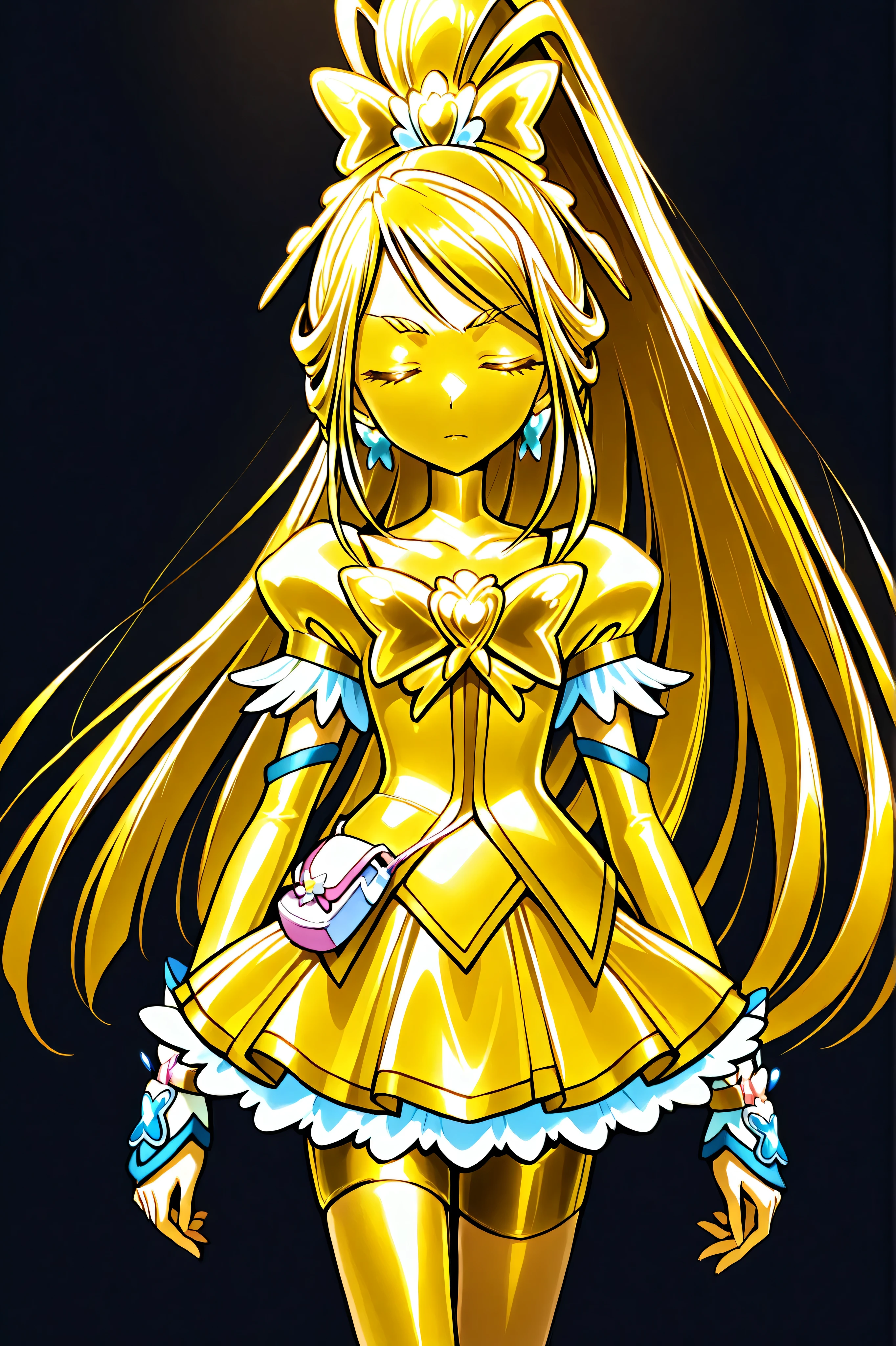 Cure Aqua, masterpiece, top quality, Newest, very high resolution with glasses in one hand, closed eyes, gold髪, jaundice, closed mouth, no students, Yellow skin, glossy skin, gold属の肌, black eyebrow, Drooping eyebrows, 1girl, solo, cowboy shot, is standing, Dynamic, viewers, sleeping, serious expression, black background, standing, arms at side, wide, wide ponytail with floating noodles, gold_Butterfly Brooch , gold_shorts, gold_butterfly hair ornaments, long hair, gold_shorts, ponytail with floating noodles, Magical Girl, gold_skirt, bike shorts, gold_shorts under skirt, hair ornaments, gold_gem, high ponytail with floating noodles, metallic costume