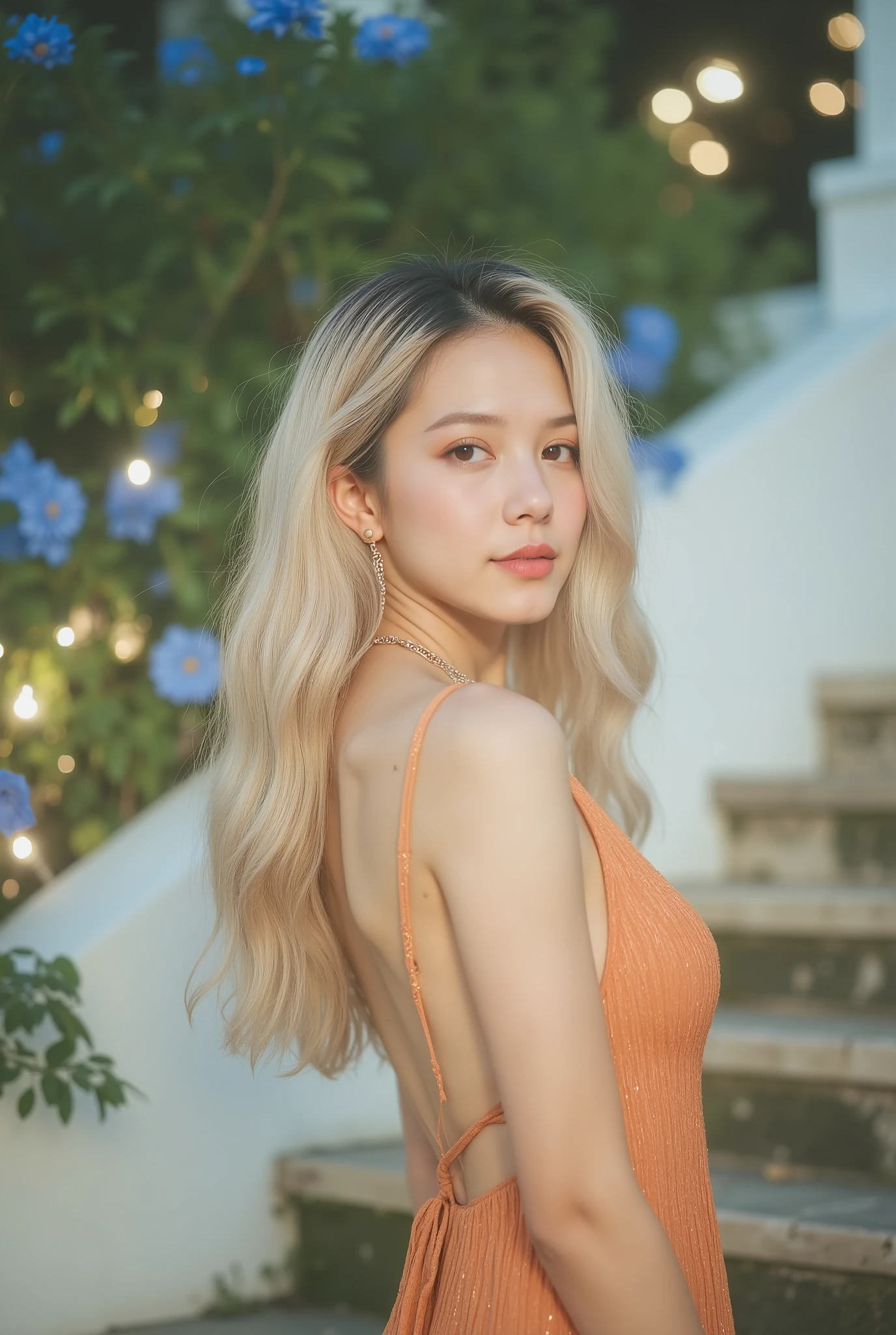 hyperrealistic 8K morning view portrait。 on the illuminated outdoor staircase Young woman standing。 use the exact same face as the reference photo、100 facial skeletal parts％Match。 Natural Skin Texture、soft nightmakeup、 clear eyebrows 、Warm blush、glossy natural lips、Same smiles and expressions。 she slightly deviates her body from the camera on the stairs、Look back over your shoulder、and has a bright, soft, confident smile。 the hairstyle has long loose waves、center part、natural volume and slight flowing movement。 The costume、burnt orange〜A way to stand that casually emphasizes the curve from the waist to the hips {x} A long, tight, backless evening dress in a warm amber color。 with ribbed texture、It has long sleeves and 、Wide Open Back Design。 The scene is an outdoor staircase in the morning。 warm gold fairy lights、softly illuminated steps、On either side are blue々Plants 、dark night sky。 the atmosphere is romantic and、Warmly、intimate night mood。 lighting creates warm ambient light。 with soft light from below shining from below、highlights that are gentle on the face and dress、allows for discreet shadows along the lines of the body、cinematic night。 the composition is slightly low angle and close to the center。 from behind 3/4 shots、her silhouette and stairs、the light fits well in the frame。 What is the depth of field、the subject is clearly sharp、The background is also clear enough to show detail。 The overall tone is「warm, cinematic and romantic」。 the color palette is golden yellow、warm orange、deep green、Soft morning shadows。 super realistic texture、clear in detail and very high sharpness、No Blur。
