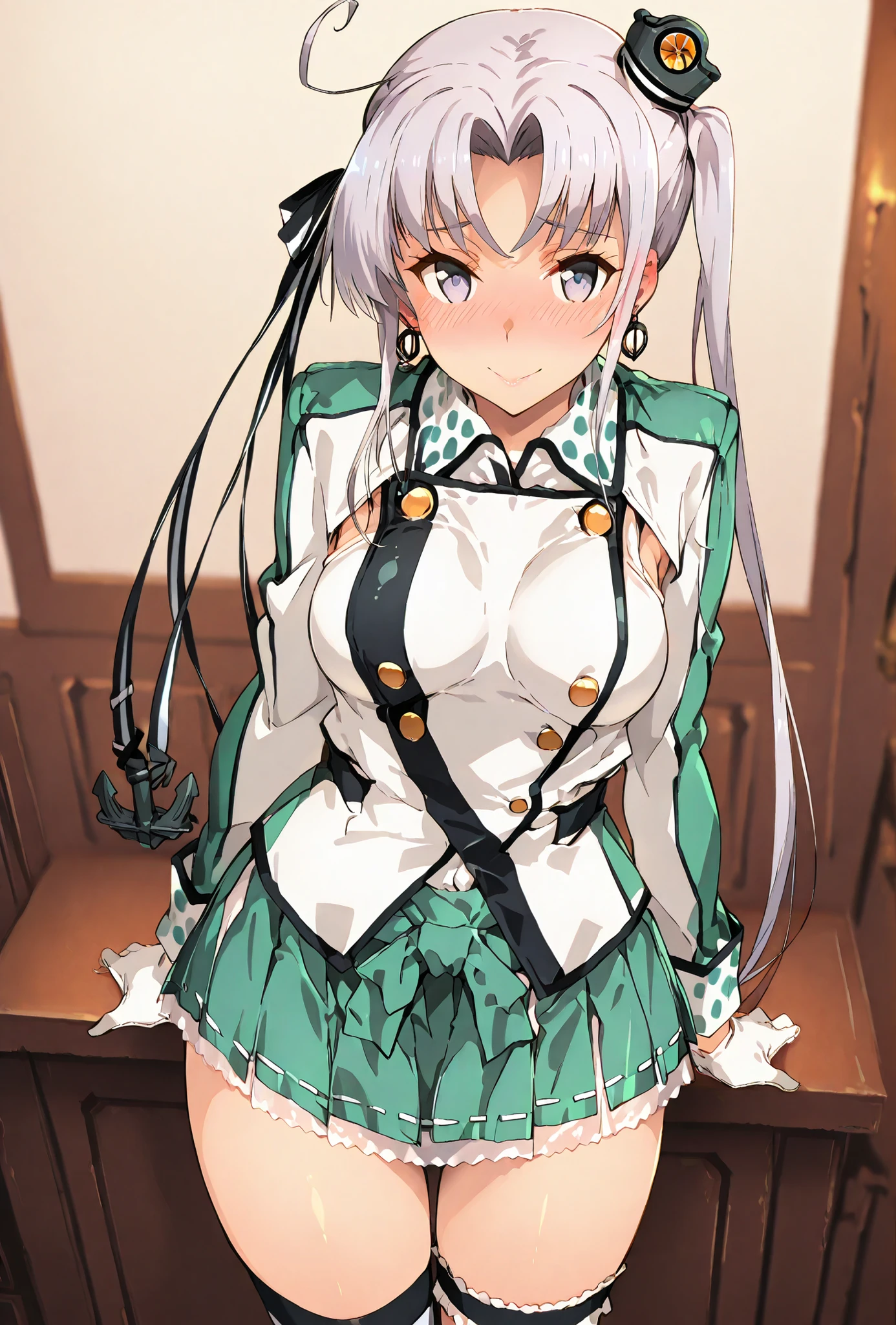 akitsushima(kancolle)\(kancolle\) , score_9, score_8_up, score_7_up, source_anime, top quality, (seductive, blush), , Official Art, looking at viewer, masterpiece, ultra-HD, high detail, depth of field, top quality, 8k, top quality, ergonomic,Official Art, 1 girl,solo, anime keyvisual, slender, small butt with a low gaze, thin waist, Sessyu Style,
 long hair, hair ornament, thighhighs, jewelry, jacket, hair ribbon, ahoge, sidelocks, pleated skirt, earrings, white gloves, miniskirt, uniform, side ponytail, clothing cutout, military uniform, buttons, green skirt, mini hat, anchor hair ornament,bridal garter,,
, 
,
,
