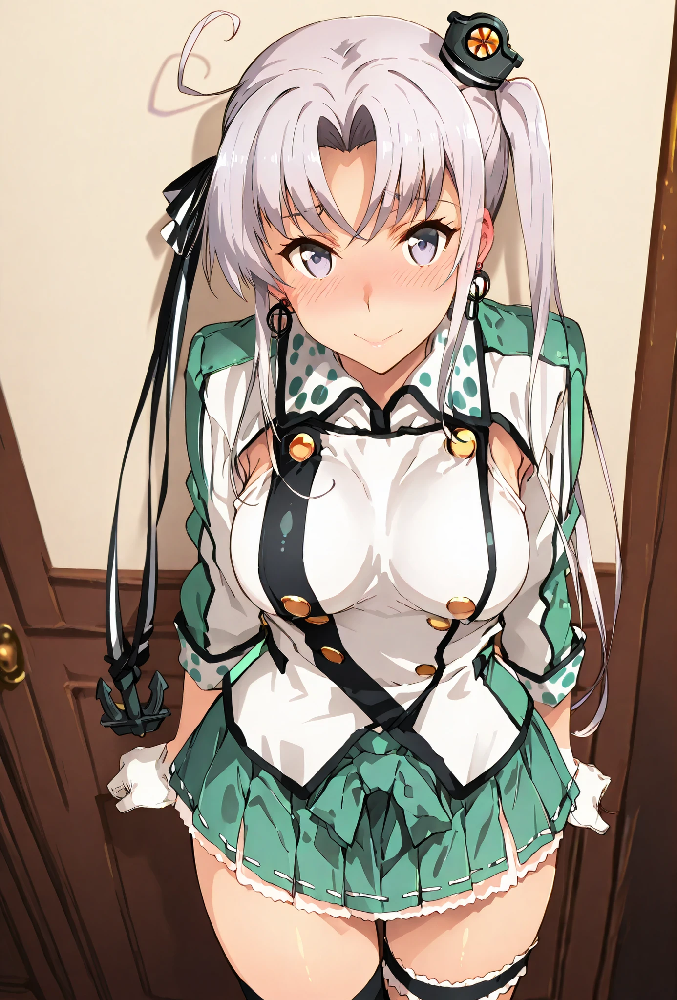 akitsushima(kancolle)\(kancolle\) , score_9, score_8_up, score_7_up, source_anime, top quality, (seductive, blush), , Official Art, looking at viewer, masterpiece, ultra-HD, high detail, depth of field, top quality, 8k, top quality, ergonomic,Official Art, 1 girl,solo, anime keyvisual, slender, small butt with a low gaze, thin waist, Sessyu Style,
 long hair, hair ornament, thighhighs, jewelry, jacket, hair ribbon, ahoge, sidelocks, pleated skirt, earrings, white gloves, miniskirt, uniform, side ponytail, clothing cutout, military uniform, buttons, green skirt, mini hat, anchor hair ornament,bridal garter,,
, 
,
,
