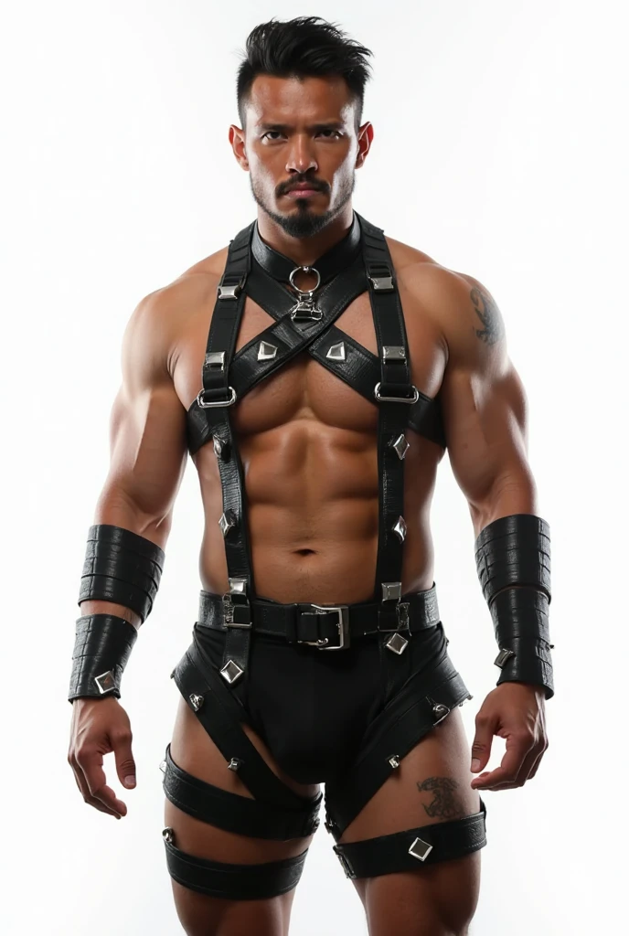 a man in dark shorts is showing his muscles, bdsm, bondage, bound, shibari, restrained, in the style of environmental portraiture, ray tracing, industrial photography, weathered materials, 8k resolution, vibrant portraiture, sitting