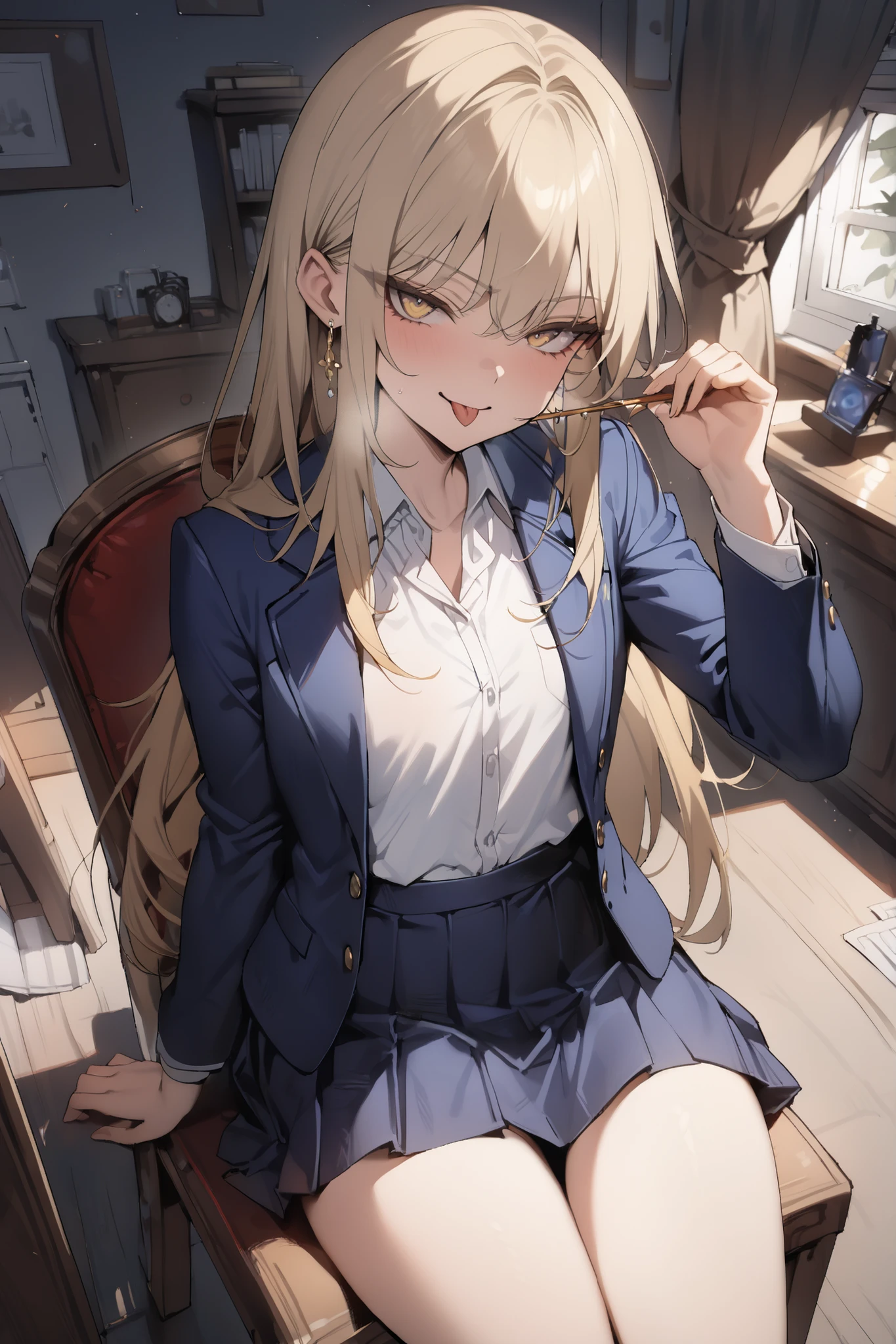 ((masterpiece,top quality:1.2)),(Super-resolution),(1gir),slender,((Female high school girl sitting on a chair and staring at me in her room)),beautiful skin,(((thin thighs))),(((Long Golden Hair))),perfect golden eyes, tree eyes ,Serious smile,tongue sticking out,(((navy blue blazer))),(((white blouse))),(((dark blue school skirt))),white loose socks,gold earrings,cowboy shot