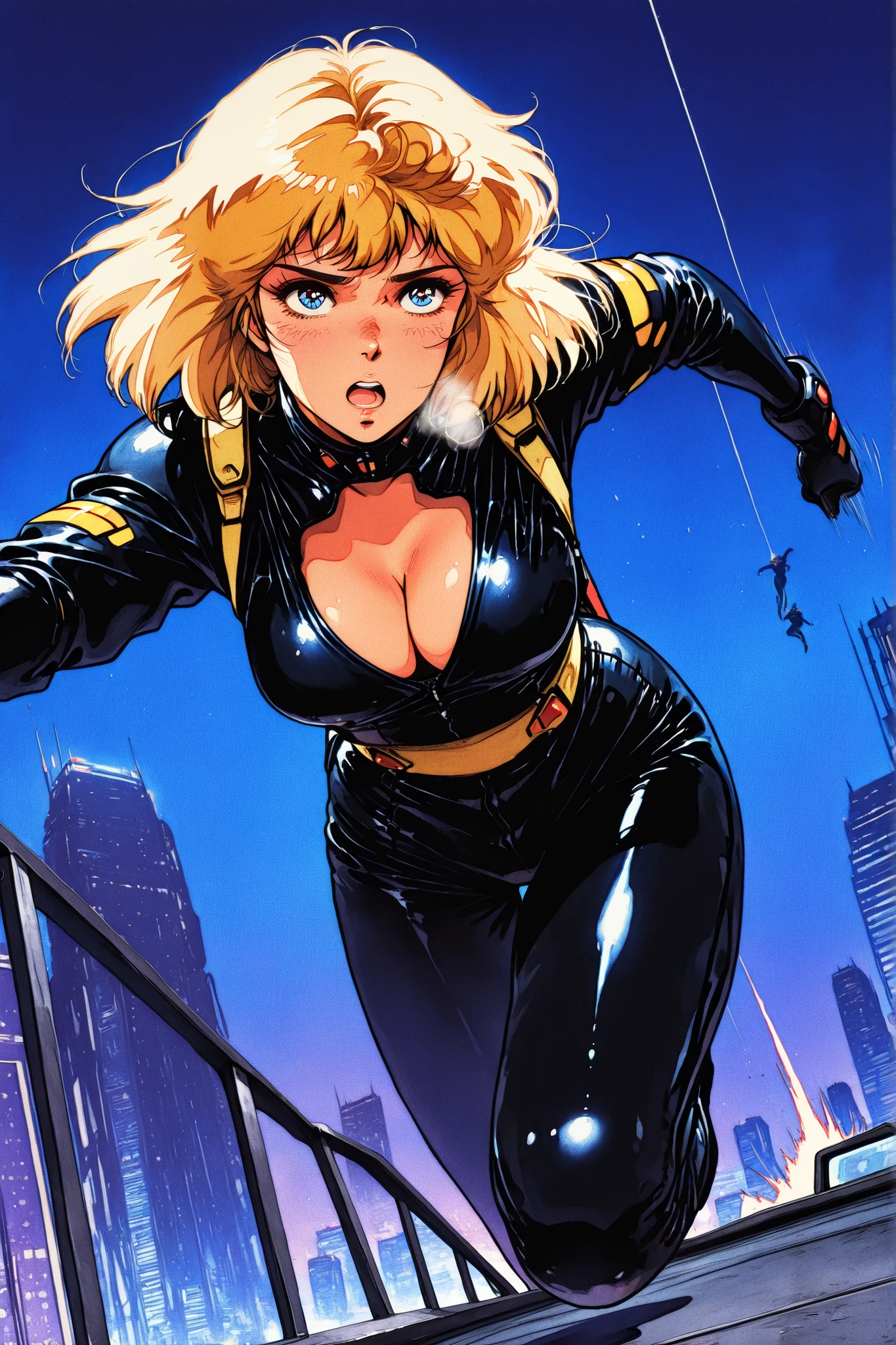 (masterpiece, High Quality, High Quality, so beautiful, Newest, detailed display,:1.2), retro artstyle,1980s (style), kisugi_hitomi\(cats_eye\), 1girl, frying jump, agent, Running through the sky, Dynamic Pose, futuristic clothes,  yellow hair, bob hair, blue eyes, black latex suit, black latex pants, strap, cleavage, yellow sash, anime coloring, motion lines, heavy breathing, Skyscrapers of the big city at night, Skyscraper rooftop, night view