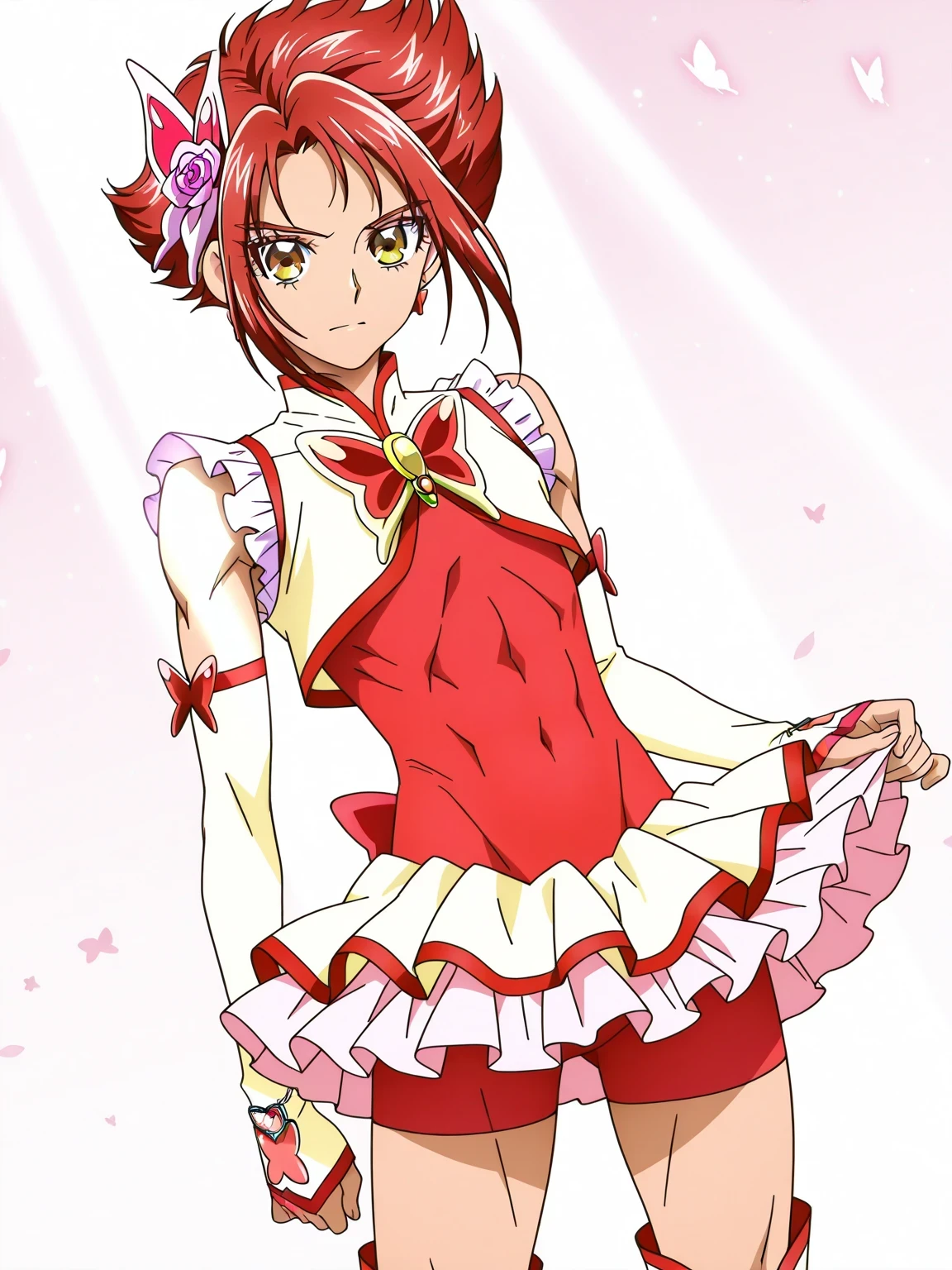 score 9 、score 8 up、score 7 up、source anime、傑作、Best quality、Best resolution、Best image quality、anime coloring、anime screencap、anime screenshot、official art、1boy、cure rouge is a boy warrior、red hair、short hair、brown eyes、spiked hair、solo、jewelry、pink flower hair ornament、Vivid anime style、boy is a standing、red jacket dress、clear red butterfly brooch、frilled sleeves、deltoids、bare shoulders、white and red detached sleeves、Fingerless Gloves、women's red panty、covered midriff、covered stomach、covered abs、covered navel、thigh muscles、bare thighs、white lace mini skirt with red accents、white lace mini skirt、frilled skirt、white and red accents knee boots、panty shot、(manly:1.45)、flat chest、covered pectoralis、women's red underneath skirt、skirt lift、I can see women's red panty、showing women's red panty、Dynamic Lighting、Light Shadows、vibrant、brave、vibrant atmosphere、brave atmosphere、magical boy、Mid angle shot、clear focus、((cure rouge outfit))、Revealing images、looking at viewer、cowboy shot、male focus、(male body:1.45)、