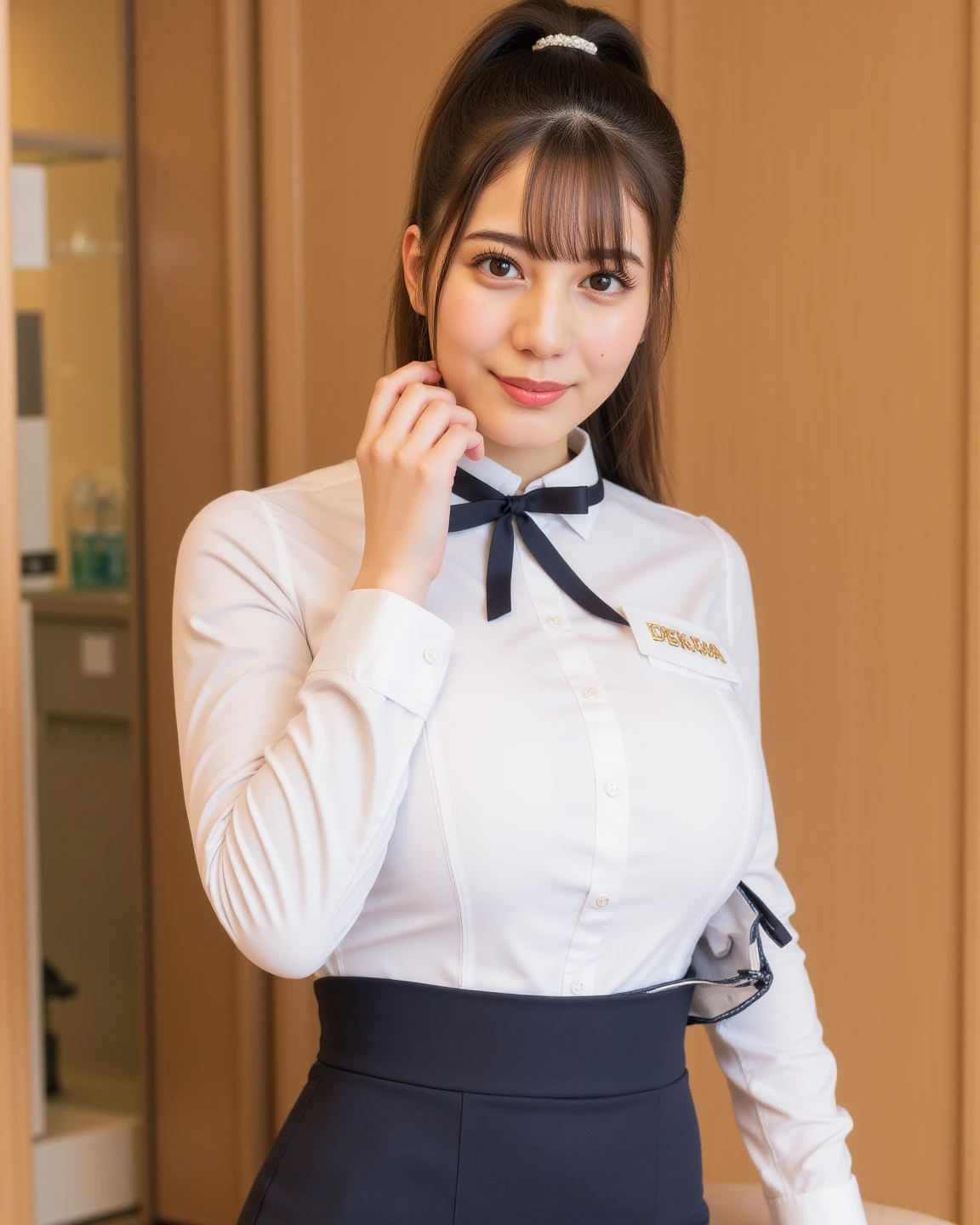 ((Best of the highest quality, 8k, Masterpiece: 1.3, raw photo)), Sharp focus: 1.2, (1 AESPA, slim body type female, 21 y/o: 1.1), (Solo: 1.2), (realistic, photo-realistic:1.37), face focus, cute face, finely eyes, (small breasts, flat chest, Thigh: 1.3), (short messy hair, bangs, updo: 1.28), (business shirt, : 1.32), cafe, bar, flower