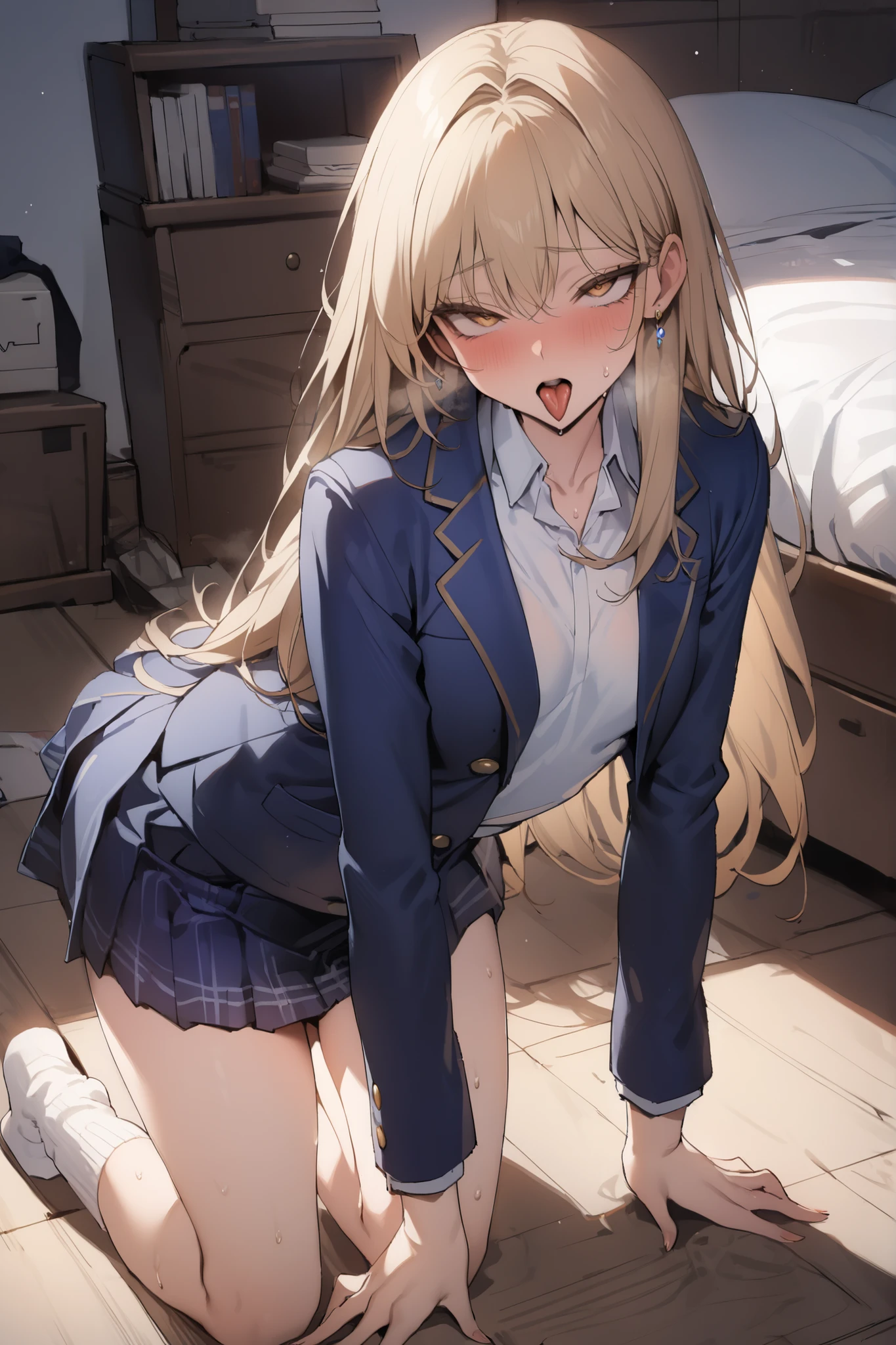 ((masterpiece,top quality:1.2)),(Super-resolution),(1gir),slender,((Female high school girl kneeling on the floor of her room and staring at me)),beautiful skin,(((thin thighs))),(((Long Golden Hair))),perfect golden eyes, tree eyes ,ahegao,tongue sticking out,(((navy blue blazer))),(((white blouse))),(((dark blue school skirt))),white loose socks,gold earrings,cowboy shot,sweat,looking up from genitals
