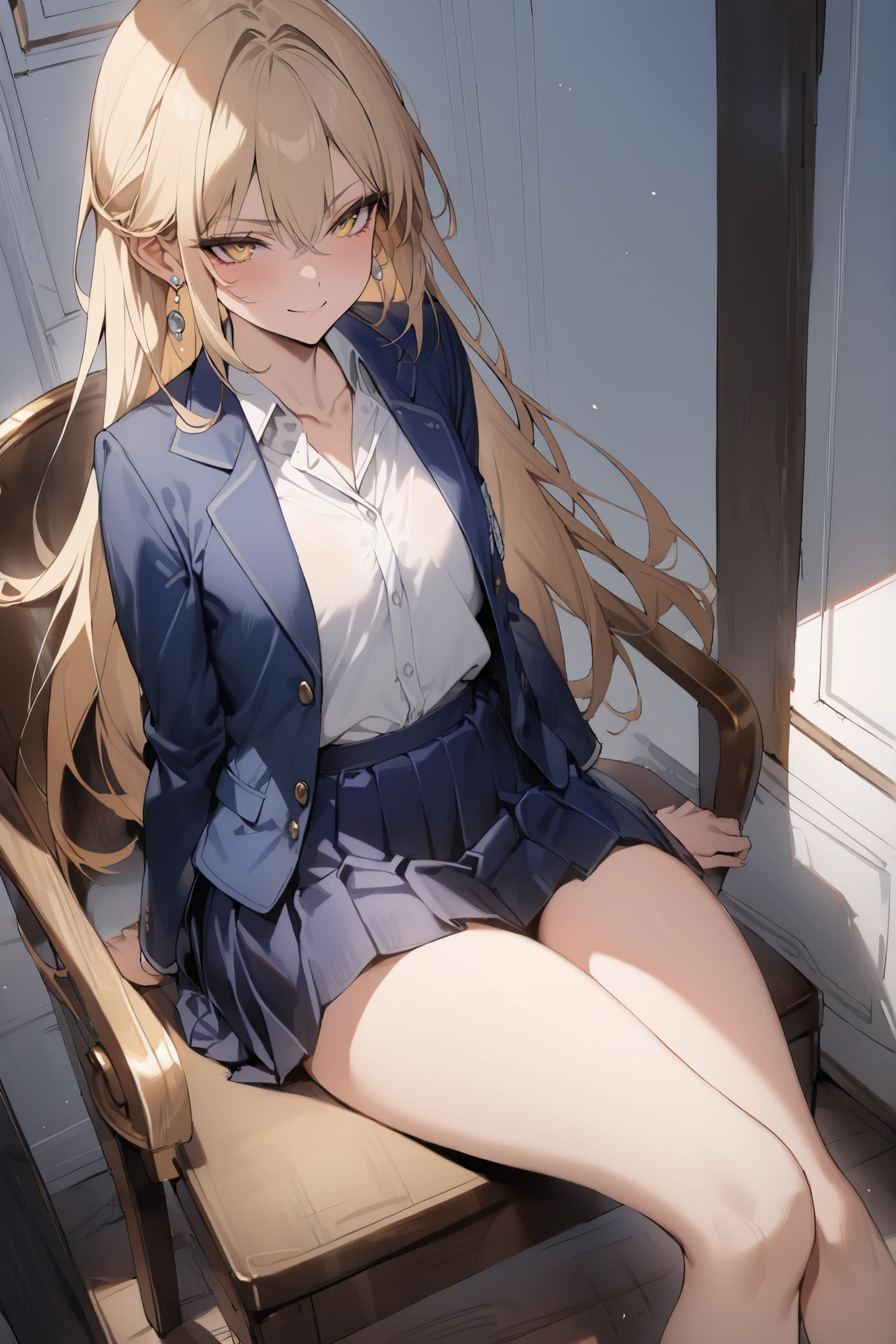 ((masterpiece,top quality:1.2)),(Super-resolution),(1gir),slender,((Female high school girl sitting on a chair and staring at me in her room)),Beautiful Skin,(((thin thighs))),(((Long Golden Hair))),perfect golden eyes, tree eyes ,Serious smile,(((navy blue blazer))),(((white blouse))),(((dark blue school skirt))),white loose socks,gold earrings,cowboy shot