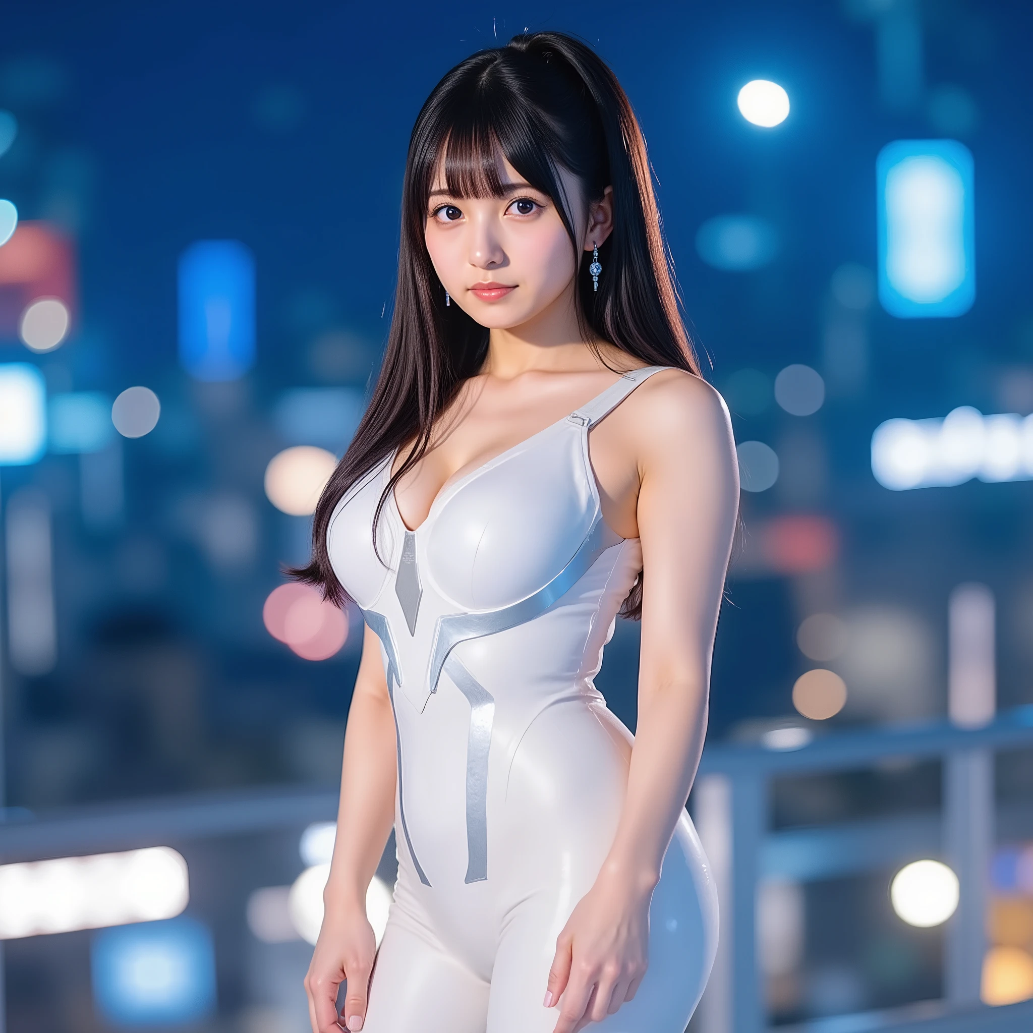 (masterpiece:1.3), 1girl, Saito Asuka's face, tight plug suit, EVA style details, Sci-fi style city background, Night scene lighting, Dynamic standing pose, fusion of Japanese idols and anime, shiny suit, Futuristic and fantastic atmosphere, Japanese top gravure idol、slim slender body、ponytail with floating noodles、F cup breasts、white JK serafuku with a deep V-neck, super clear focus, (full body shot from head to ankle:1.15),