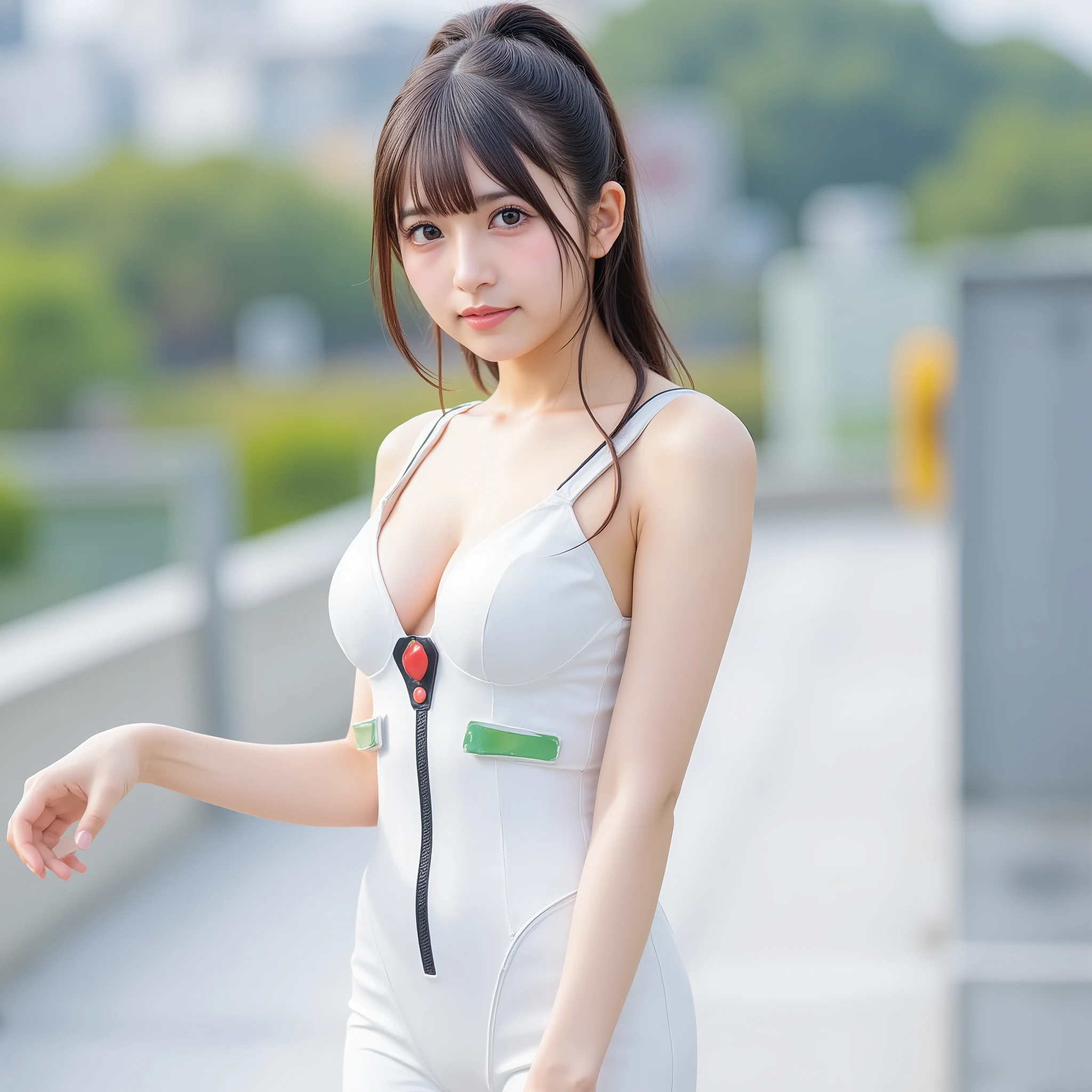 masterpiece, best quality, 1girl, Full Body, Saito Asuka's face, Evangelion Aska Style Plug Suit, wearing tight, model pose, Bright Daytime City Background, soft natural light, Japanese Top Idol, beauty, Detailed hair and eyes, portrait photography style, smiling happily, Japanese top gravure idol、slim slender body、ponytail with floating noodles、F cup breasts、Deep V Neck White Plug Suit, super clear focus, 頭の先から足首までのFull Body撮影, (ずぶ濡れのFull Body:1.5), (clothes stick to skin), wet hair, wet clothes,