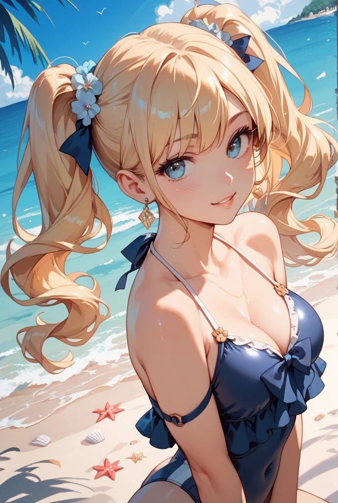 Beautiful woman, Blond hair blowing in the wind, Sparkling blue eyes, Realistic, masterpiece, Detailed, 4K, Beach Background, Detailed light, A small smile, White skin