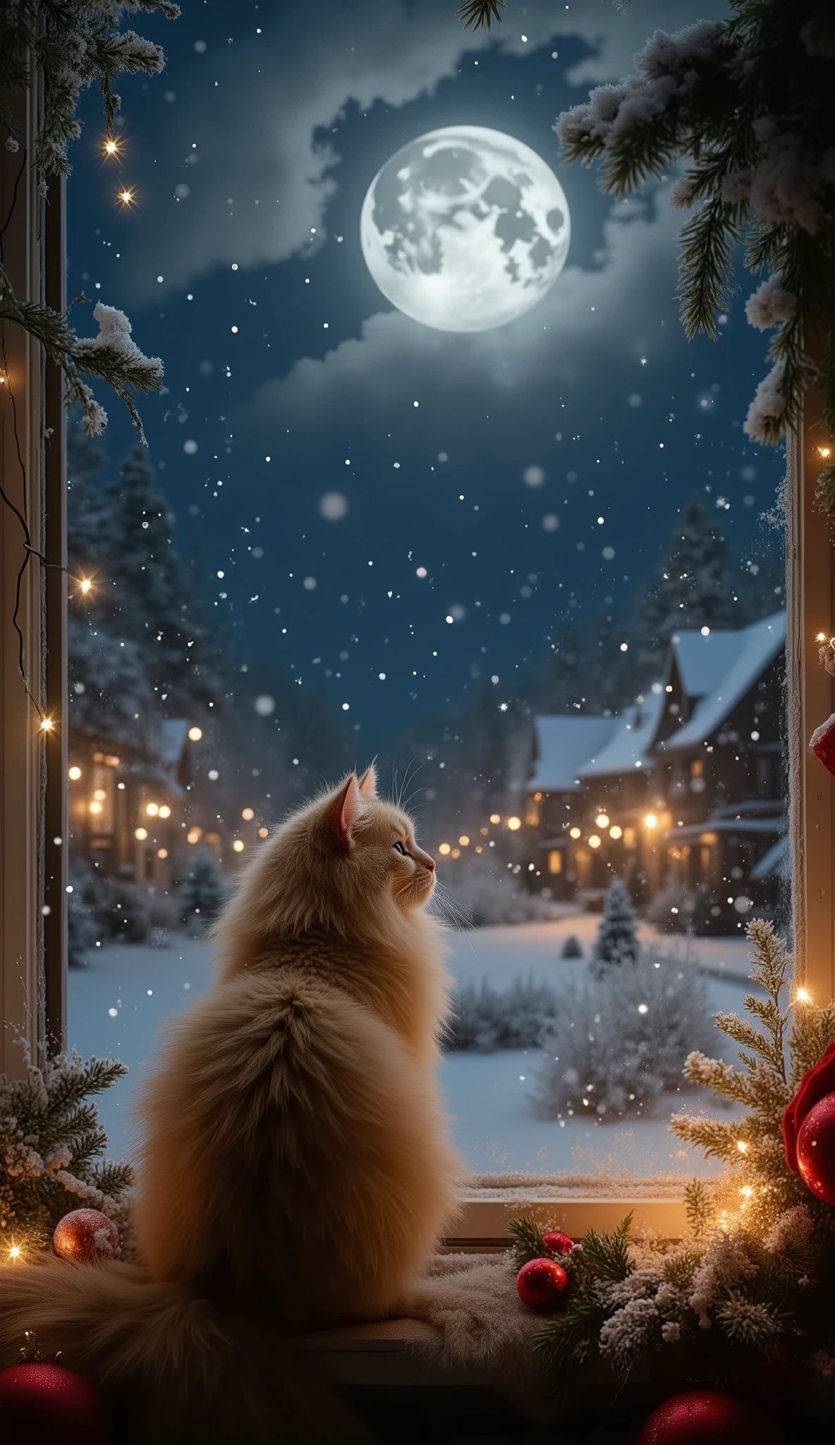 A fluffy cat sitting on a windowsill, gazing out at a snowy Christmas night with a glowing full moon, softly falling snow, gentle lights from nearby houses, cozy interior with stockings and holiday decor, warm and dreamy scene
