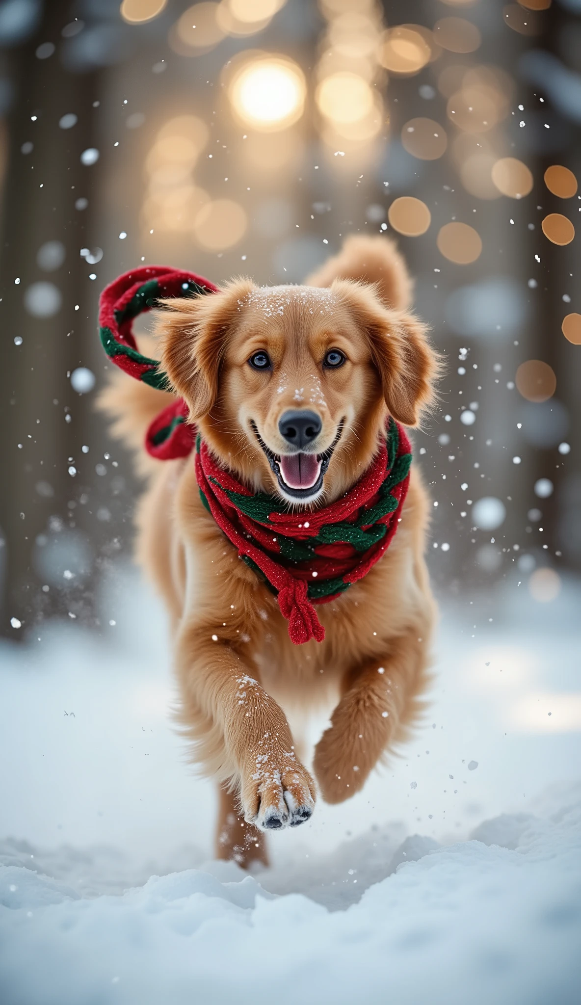 A golden retriever running through a snowy forest wearing a red and green Christmas scarf, surrounded by sparkling snowflakes and glowing bokeh light, joyful and energetic atmosphere, magical winter fantasy landscape